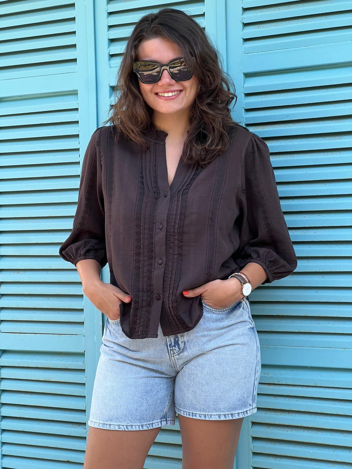 Nervür Detaylı Balon Kol Gömlek 5807 Koyu Kahve