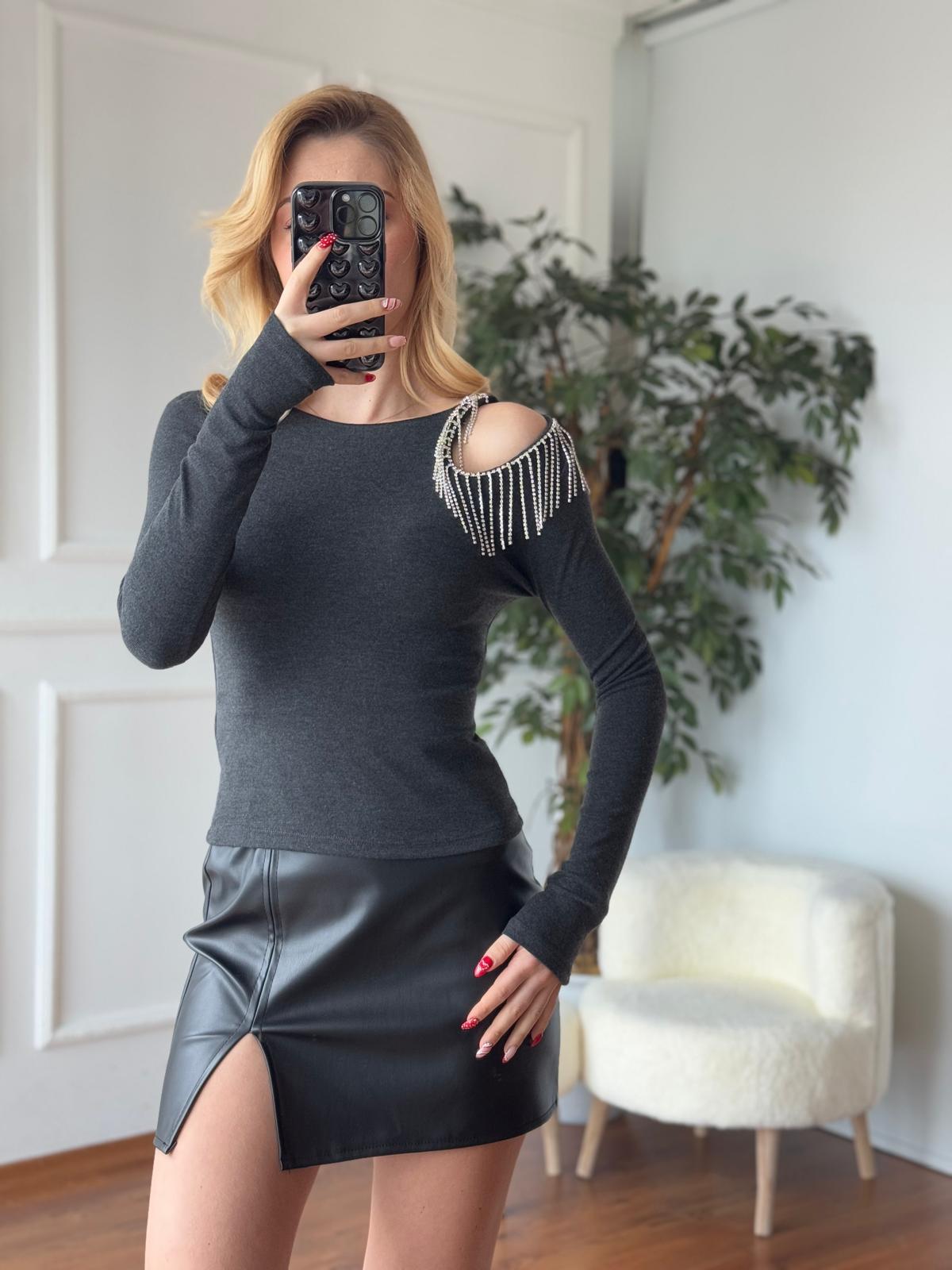 Omuzu Taşlı Bluz 16518 Antrasit