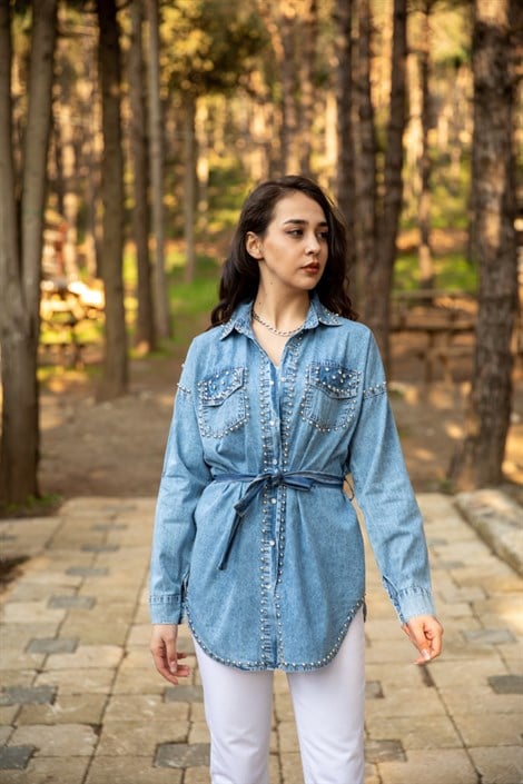 Omuzu Taşlı Kot Gömlek 21299 Mavi