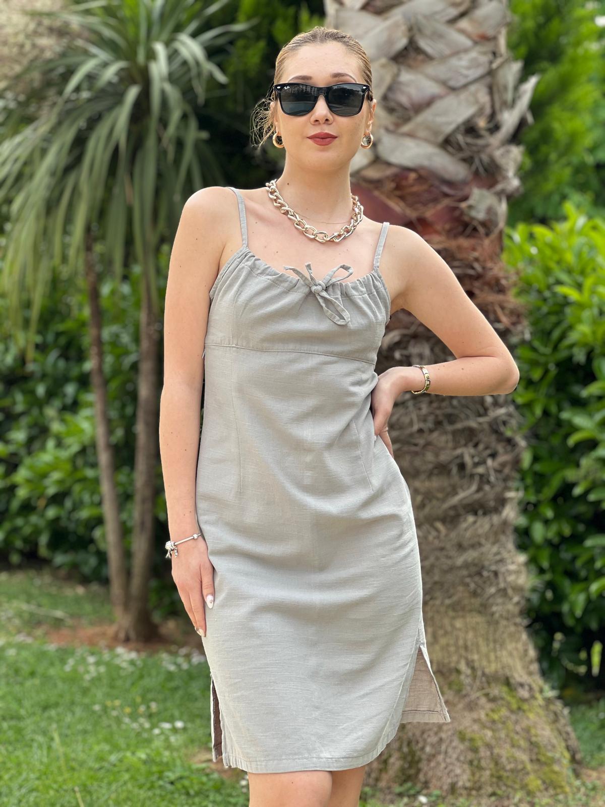 Önü Bağcıklı Keten Elbise 4212 Gri