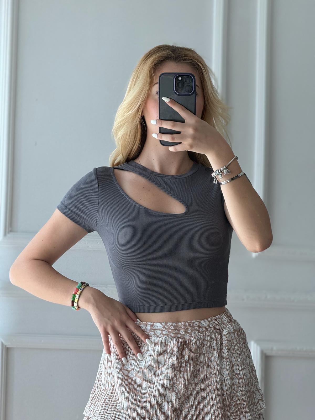 Önü Damla Kısa Kol Tshirt 16296 Antrasit