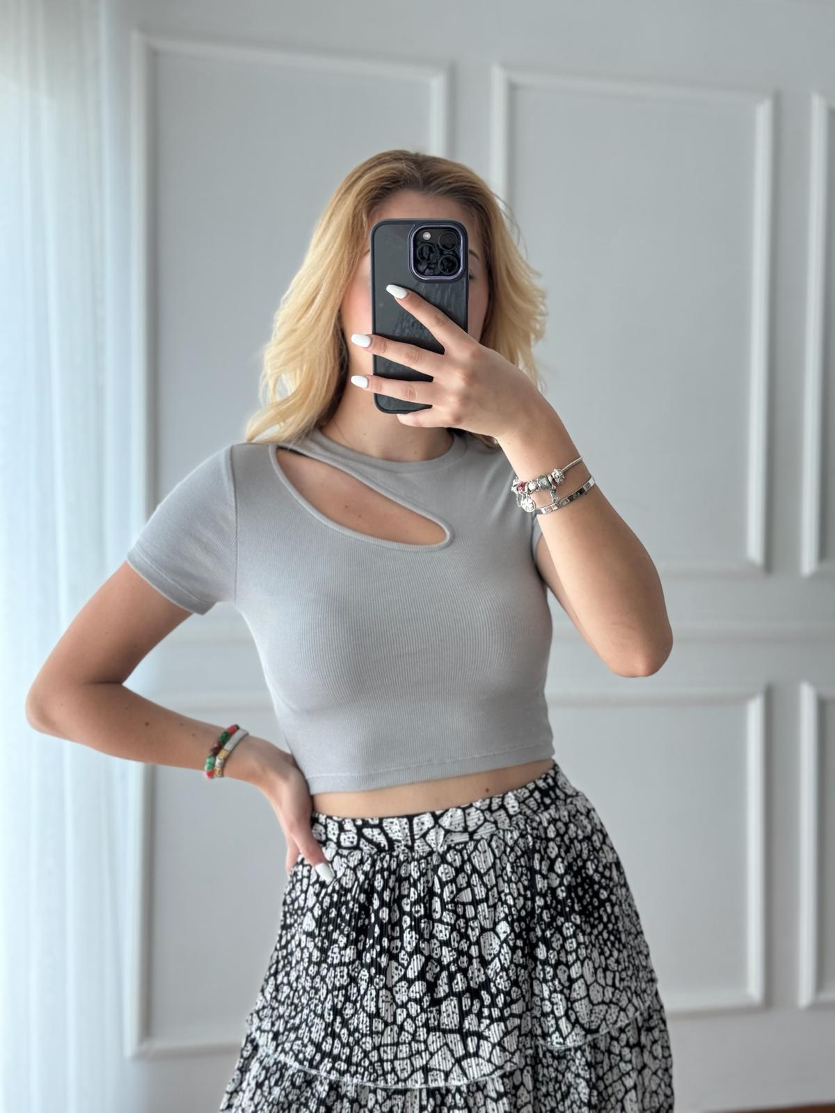 Önü Damla Kısa Kol Tshirt 16296 Gri