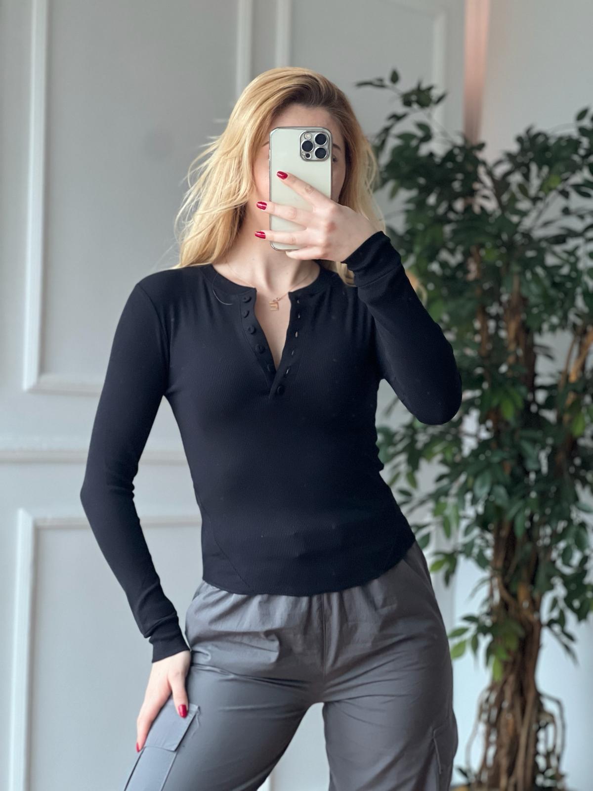 Önü Düğmeli Bluz 16011 Siyah