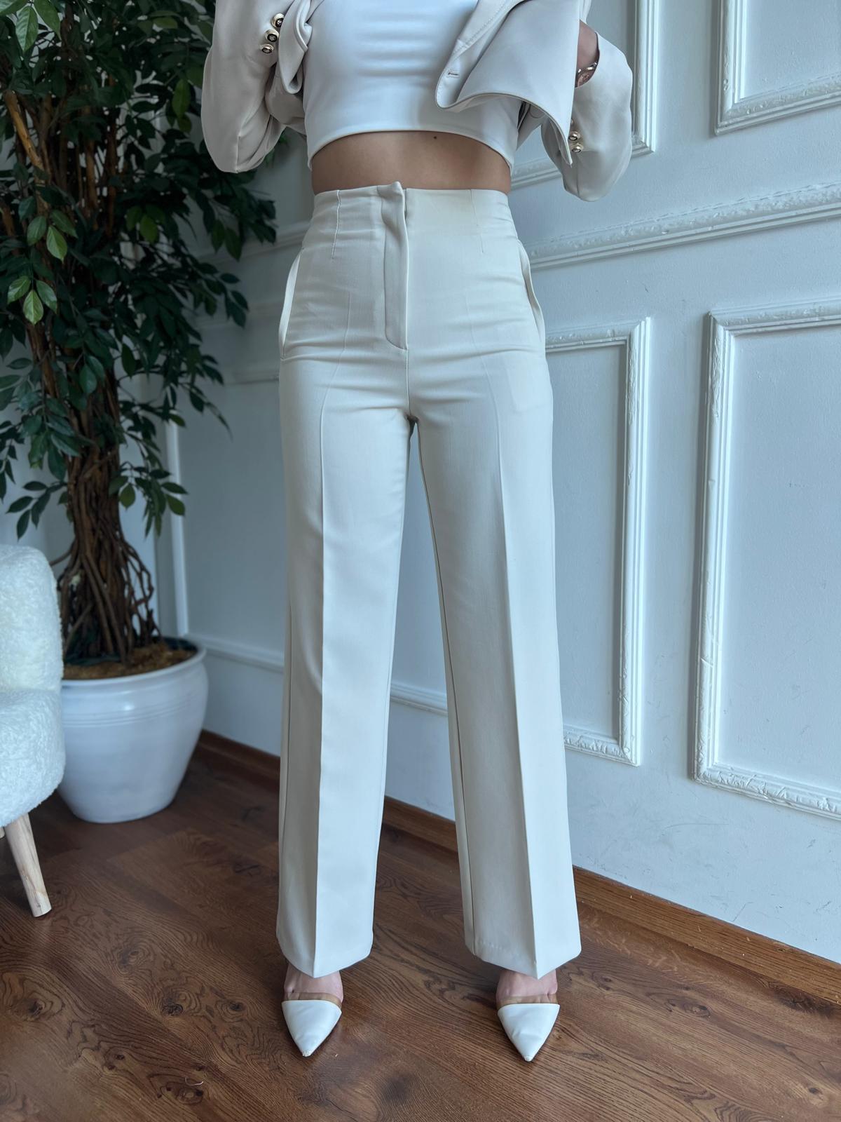 Önü Flotalı Bol Paça Pantolon 2001 Taş