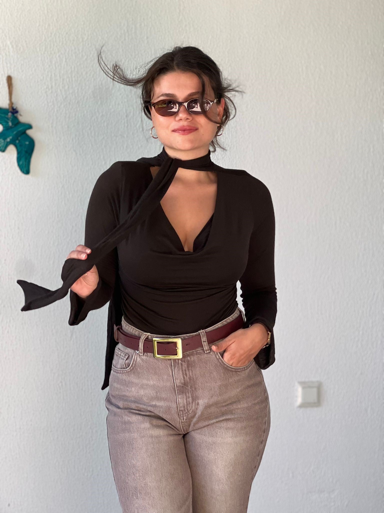 Örme Atkılı Vatkalı Degaje Yaka Bluz 2618209 Kahverengi