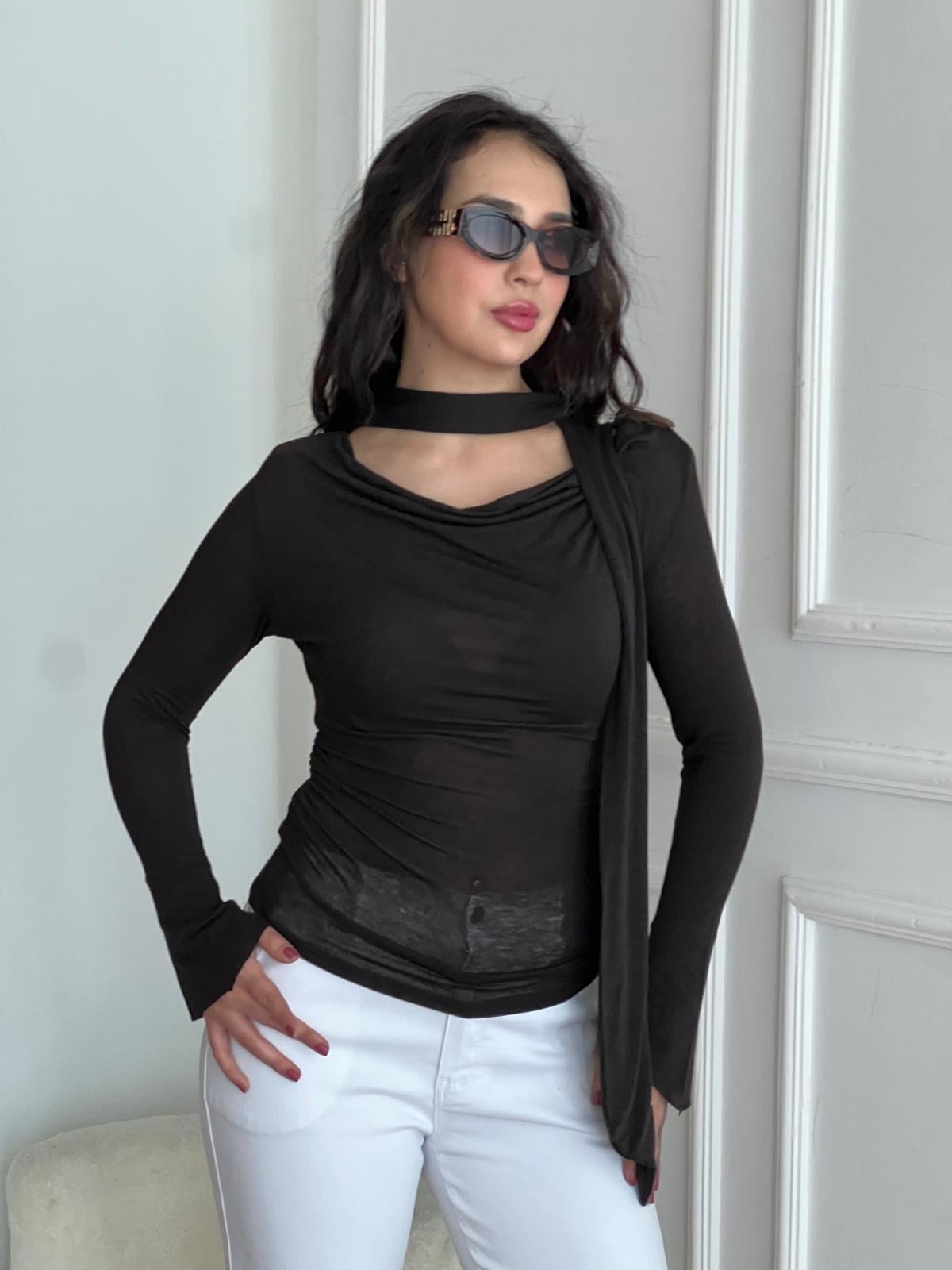 Örme Atkılı Vatkalı Degaje Yaka Bluz 2618209 Siyah