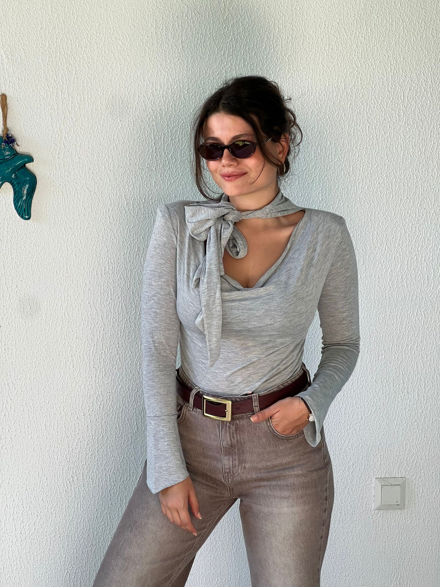 Örme Atkılı Vatkalı Degaje Yaka Bluz 2618209 Gri