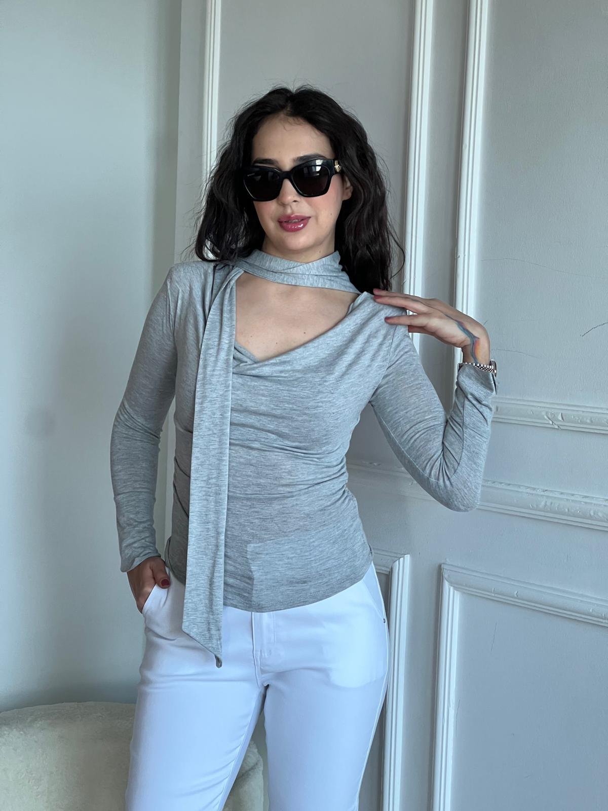 Örme Atkılı Vatkalı Degaje Yaka Bluz 2618209 Gri