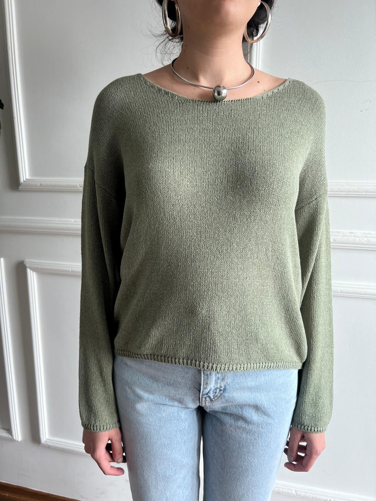 Oval Yaka Yumuşak Dokulu Düğmeli Triko 10706 Açık Haki