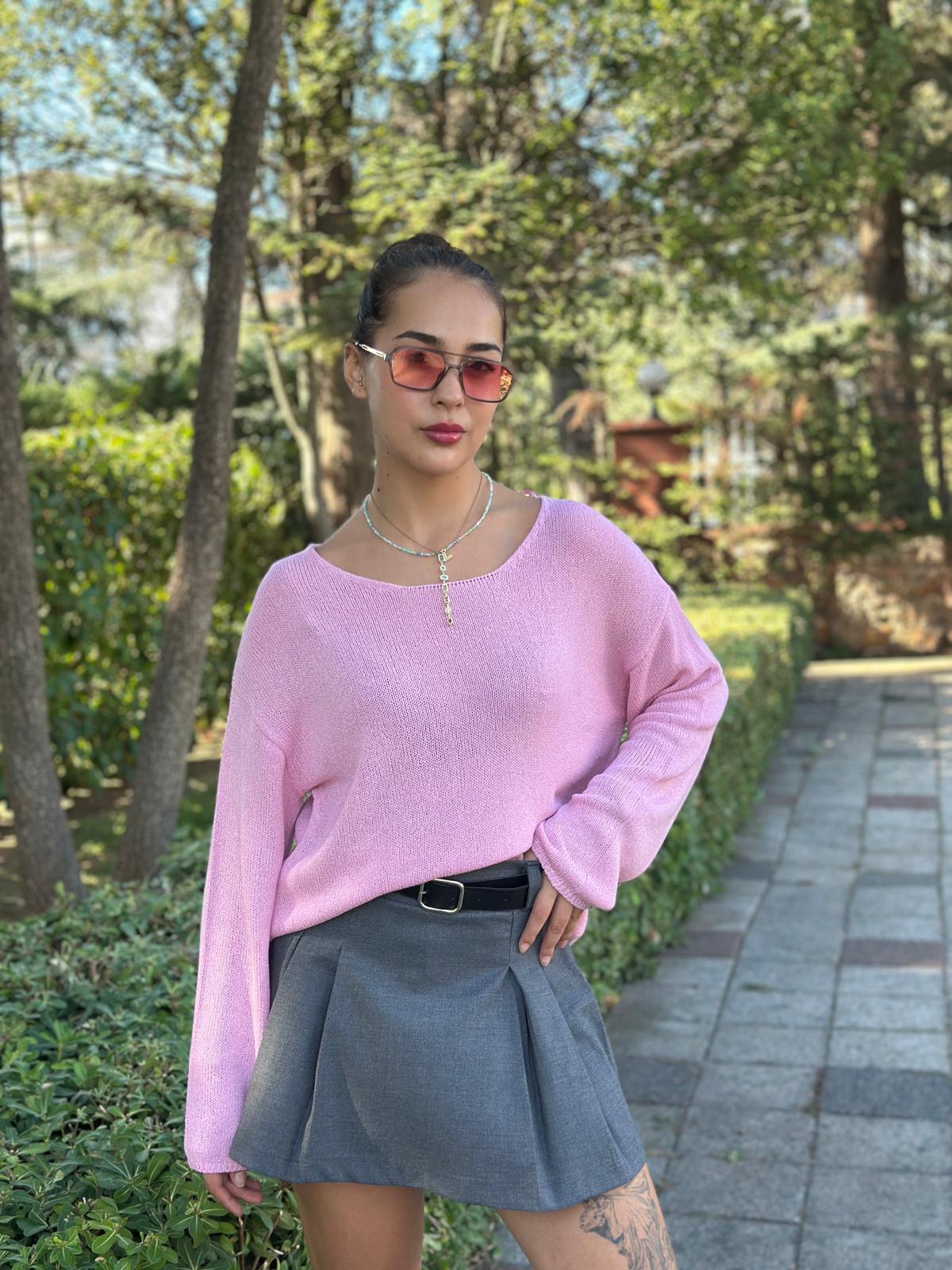 Oval Yaka Yumuşak Dokulu Triko 10706 Pembe