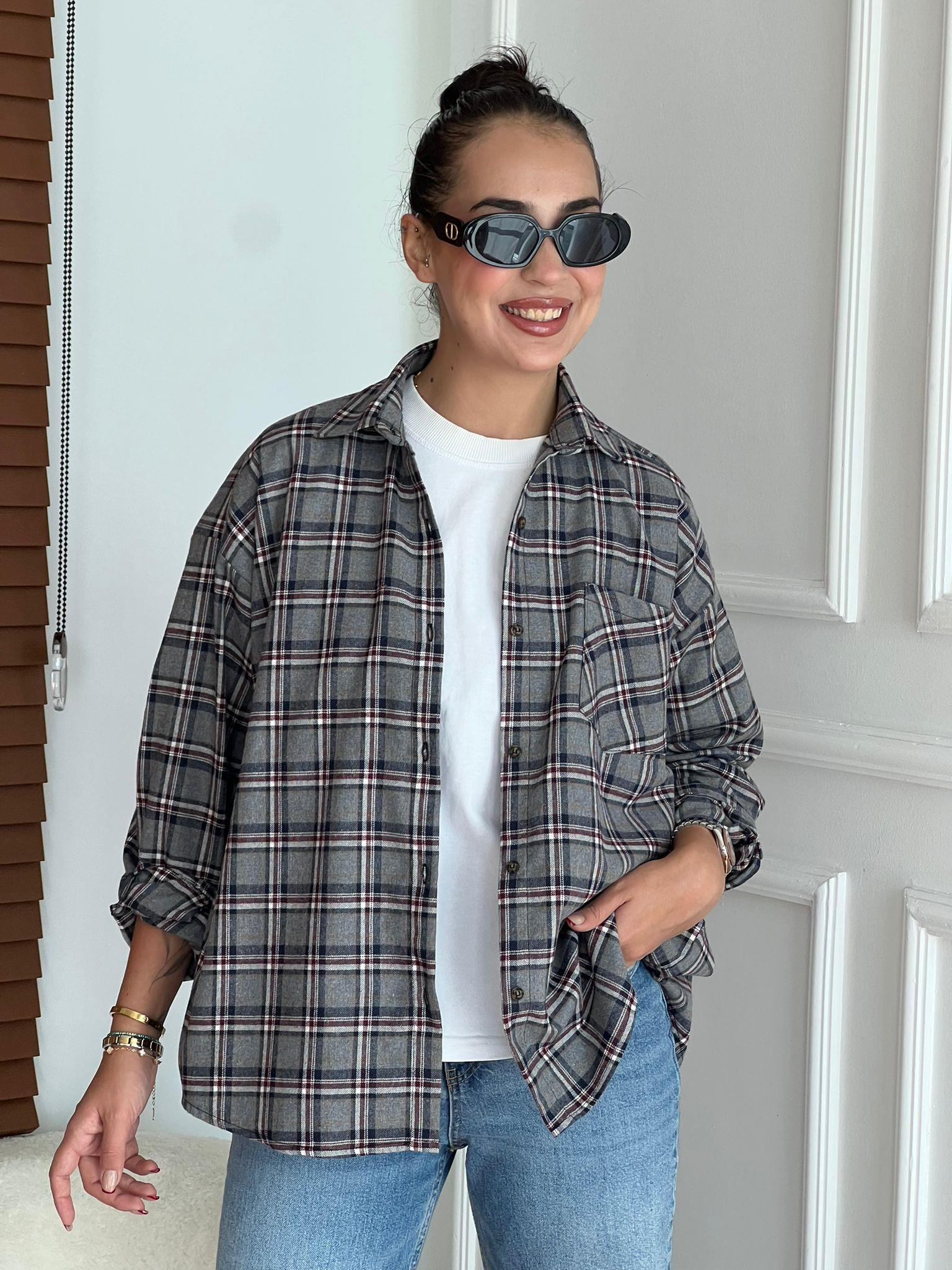 Oversize Ekoseli Gömlek 8127 Gri