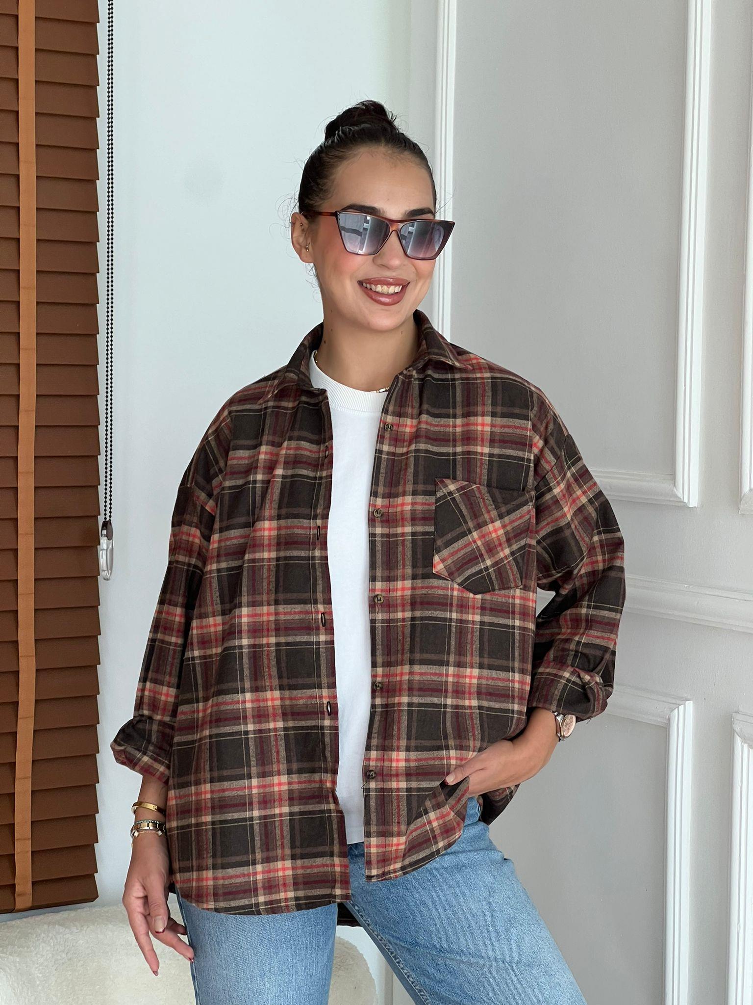 Oversize Ekoseli Gömlek 8127 Kahverengi