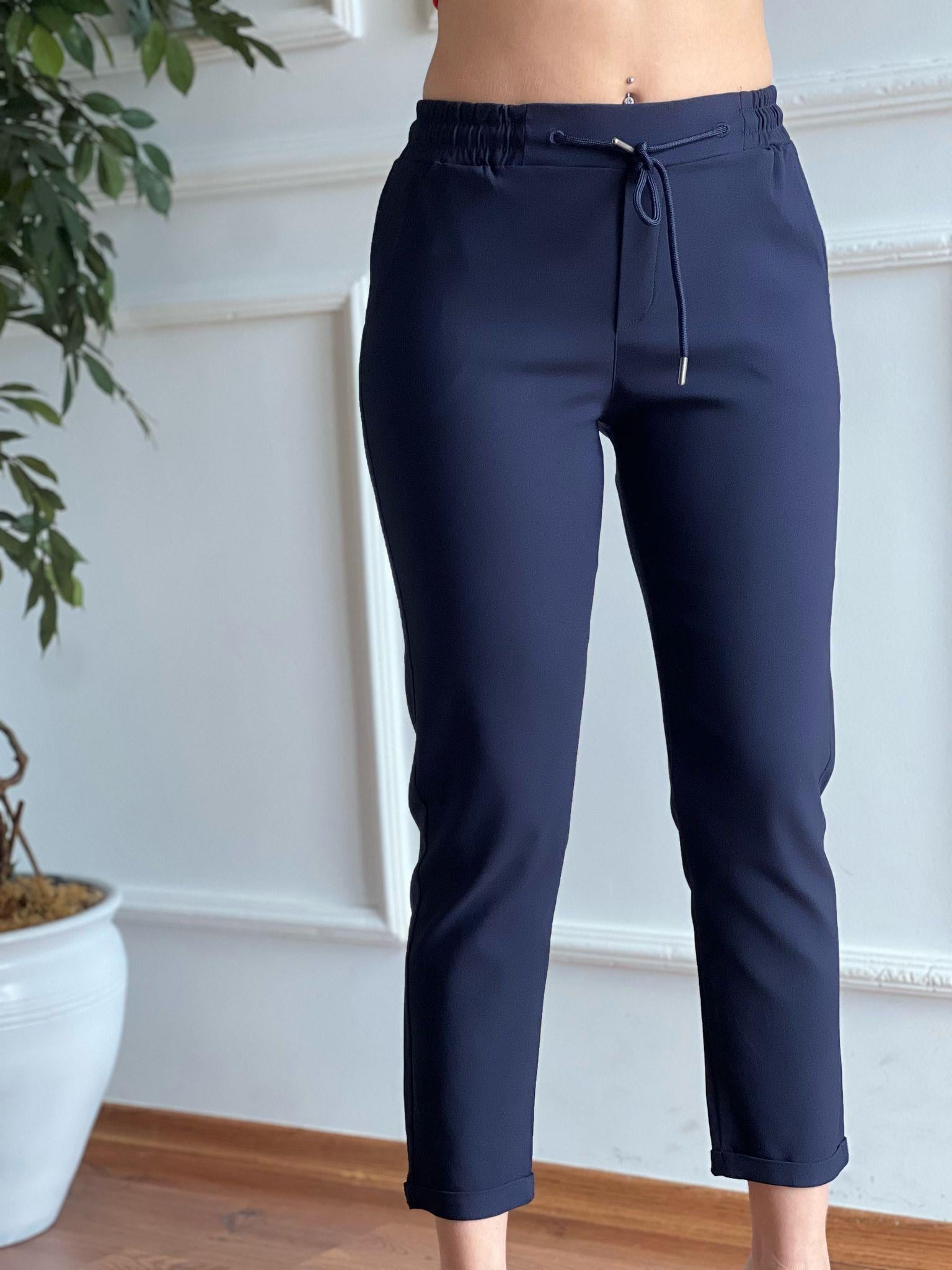 Paçası Katlı Beli Lastikli Pantolon X-221 Lacivert