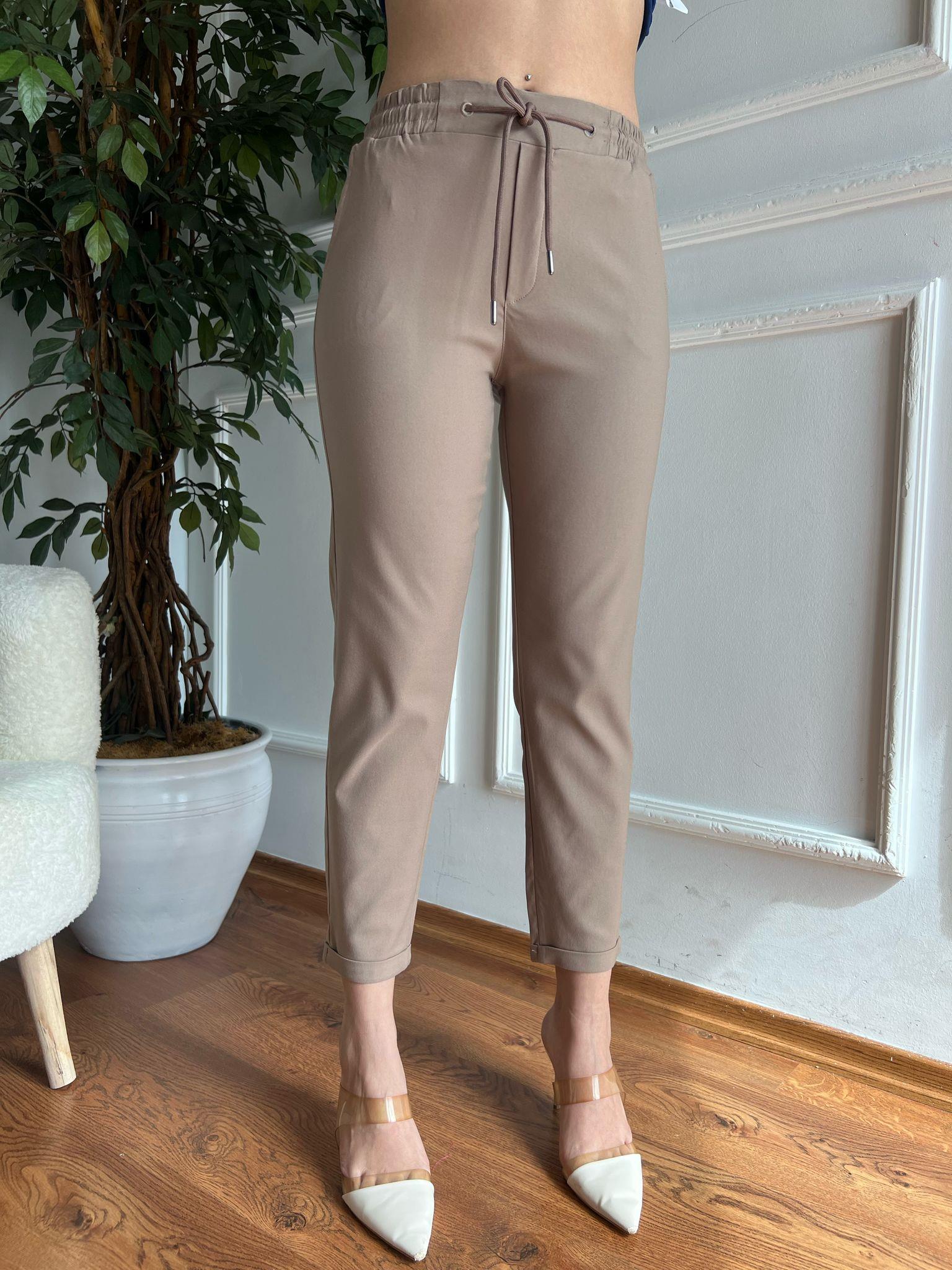 Paçası Katlı Beli Lastikli Pantolon X-221 Vizon