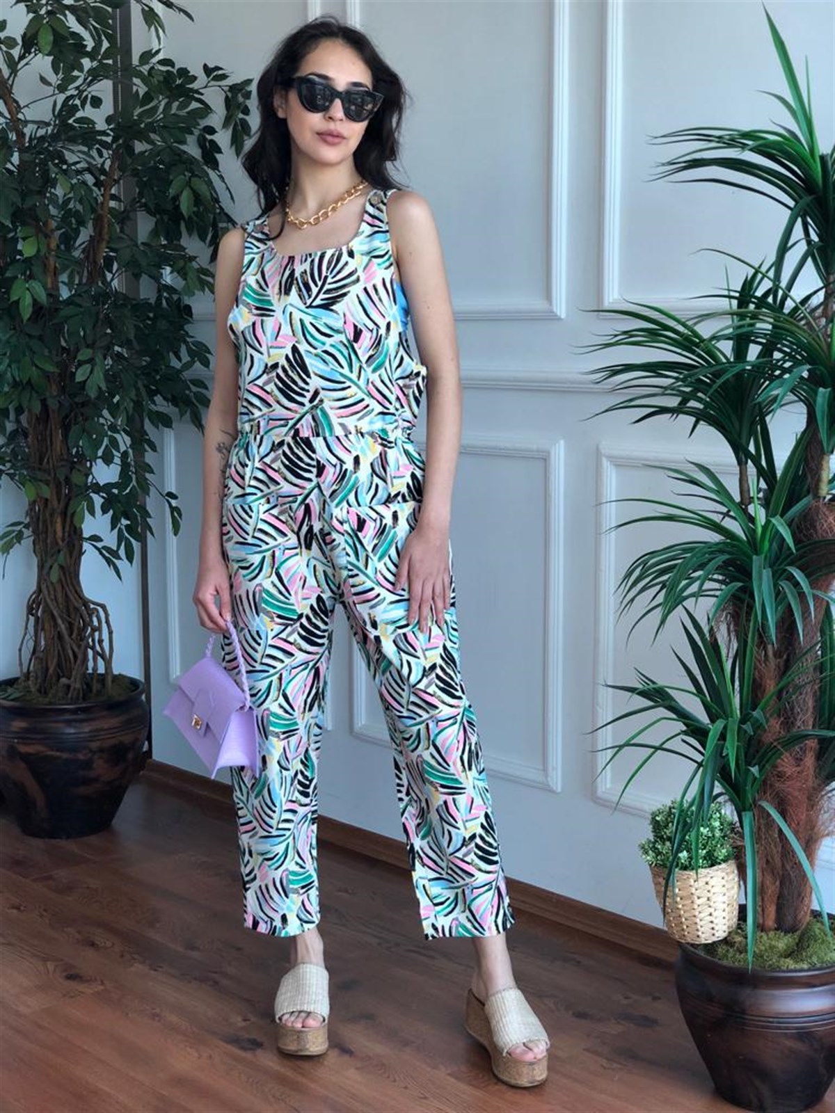 Palmiye Desen Kalın Askılı Tulum 26961 Ekru