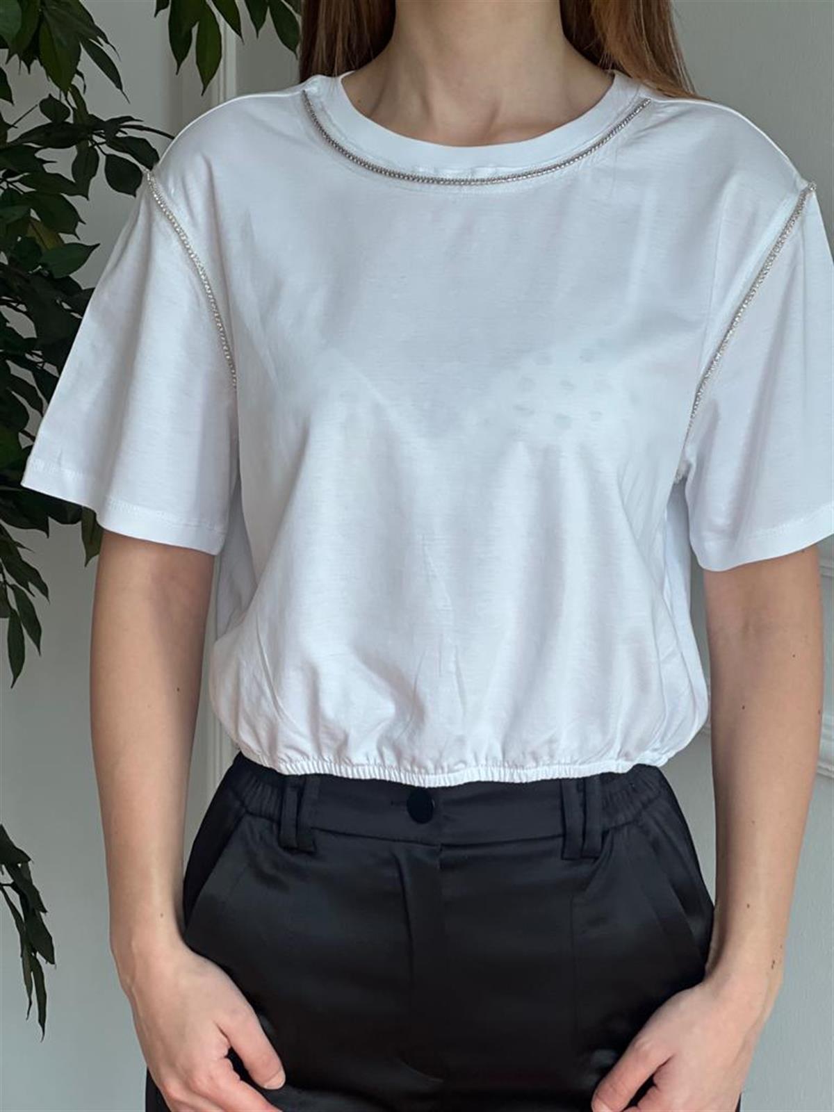 Parlak Taşlı Pamuk Tshirt 30186 Ekru