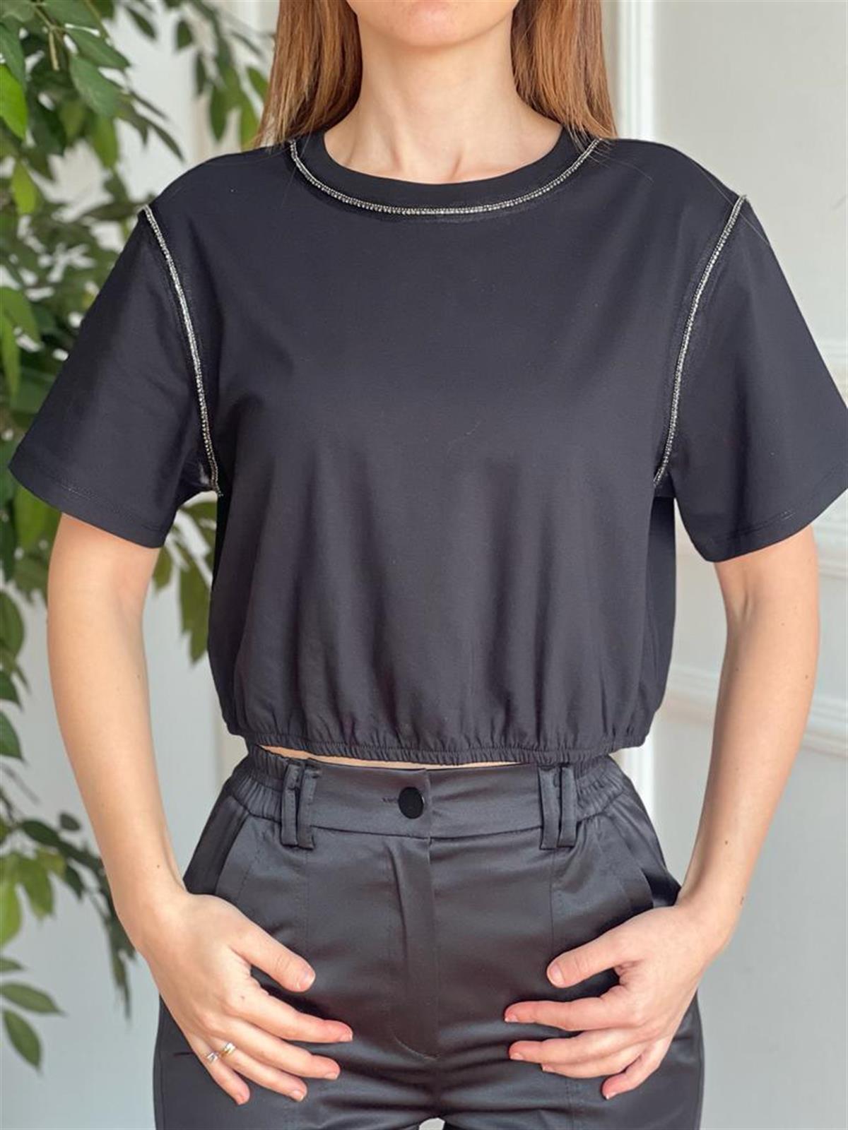 Parlak Taşlı Pamuk Tshirt 30186 Siyah