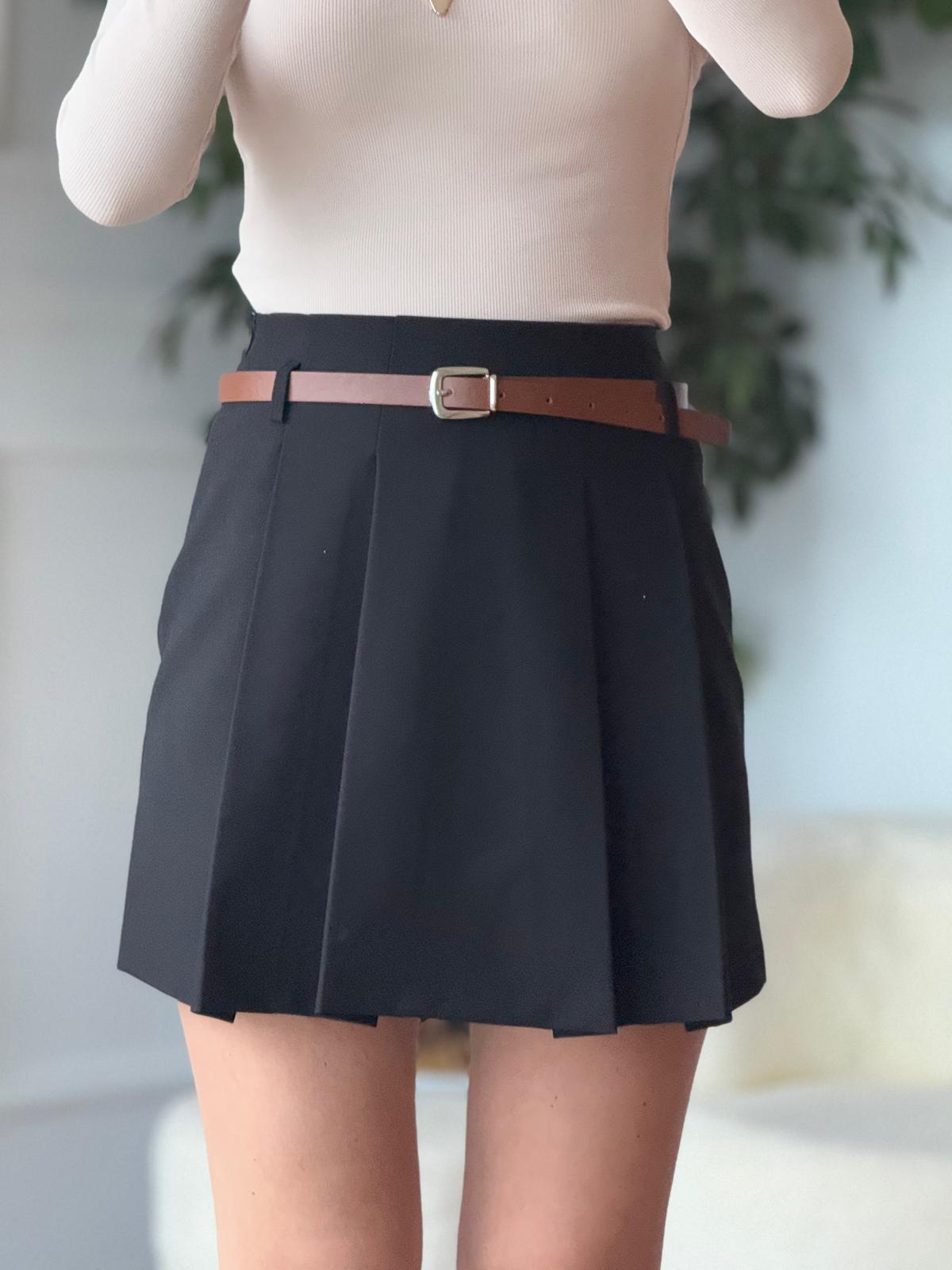 Pileli Kemerli Etek 16003 Siyah