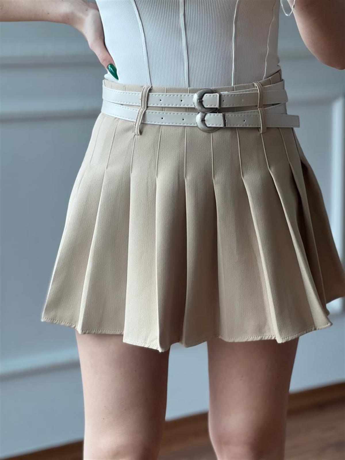 Pileli Mini Etek 380009 Bej