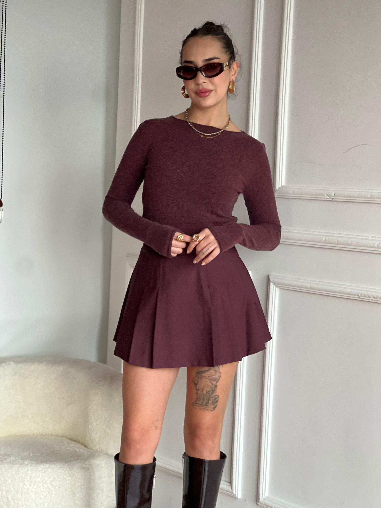 Pileli Şort Etek 250374 Bordo