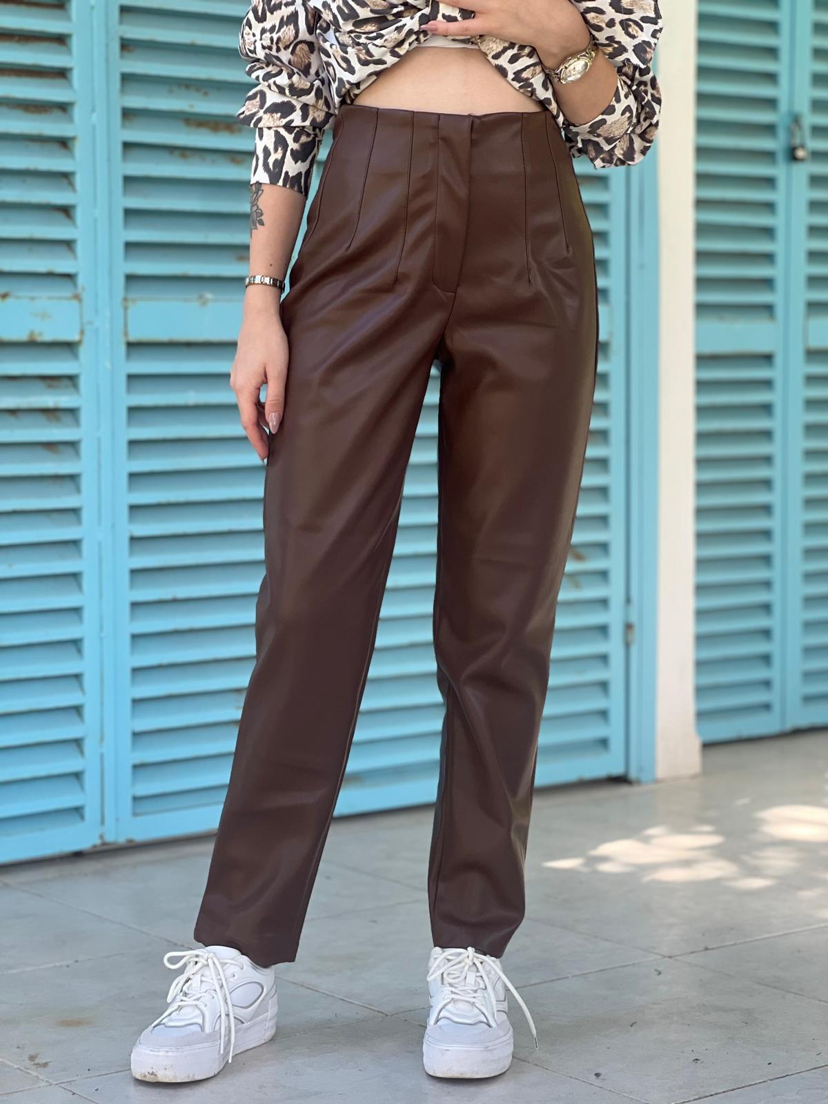 Pliseli Deri Pantolon 3947 Kahverengi