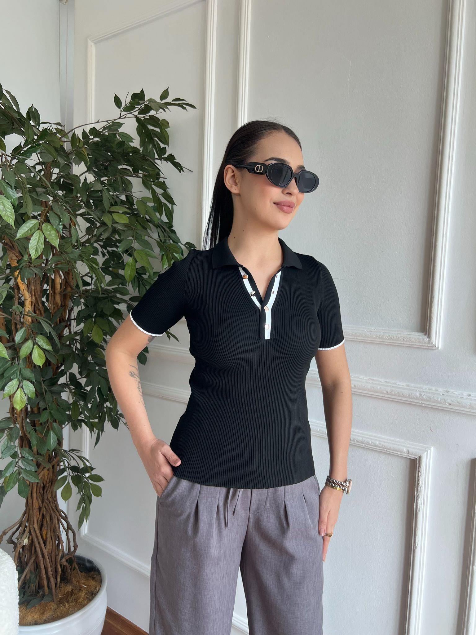 Polo Yaka Düğmeli Bluz 1358 Siyah