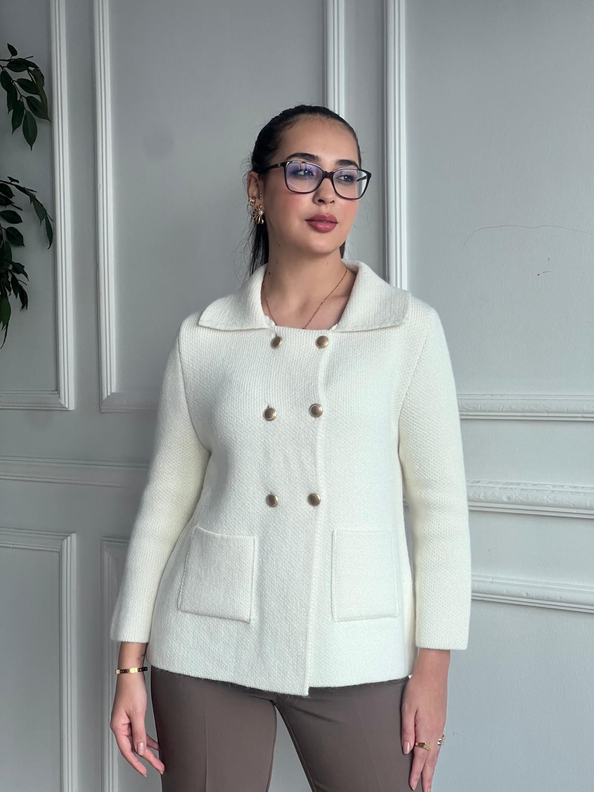 Polo Yaka Düğmeli Cepli Triko Hırka 60921 Ekru