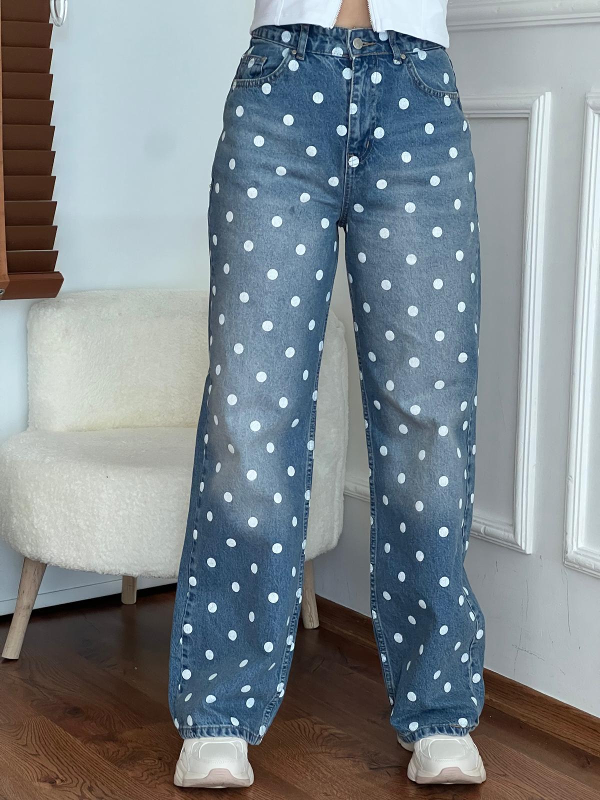 Puantiyeli Dökümlü Palazzo Pantolon 1071 Mavi