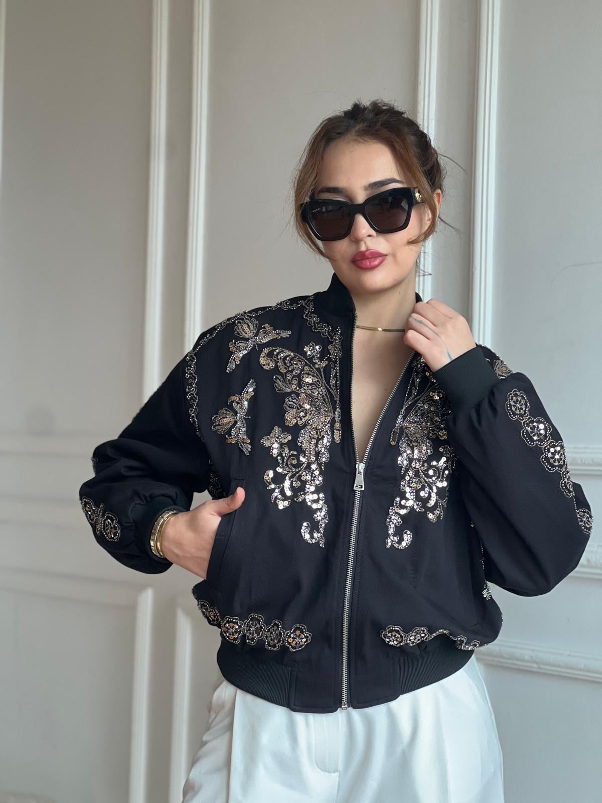 Pul İşlemeli Bomber Ceket 99928 Siyah