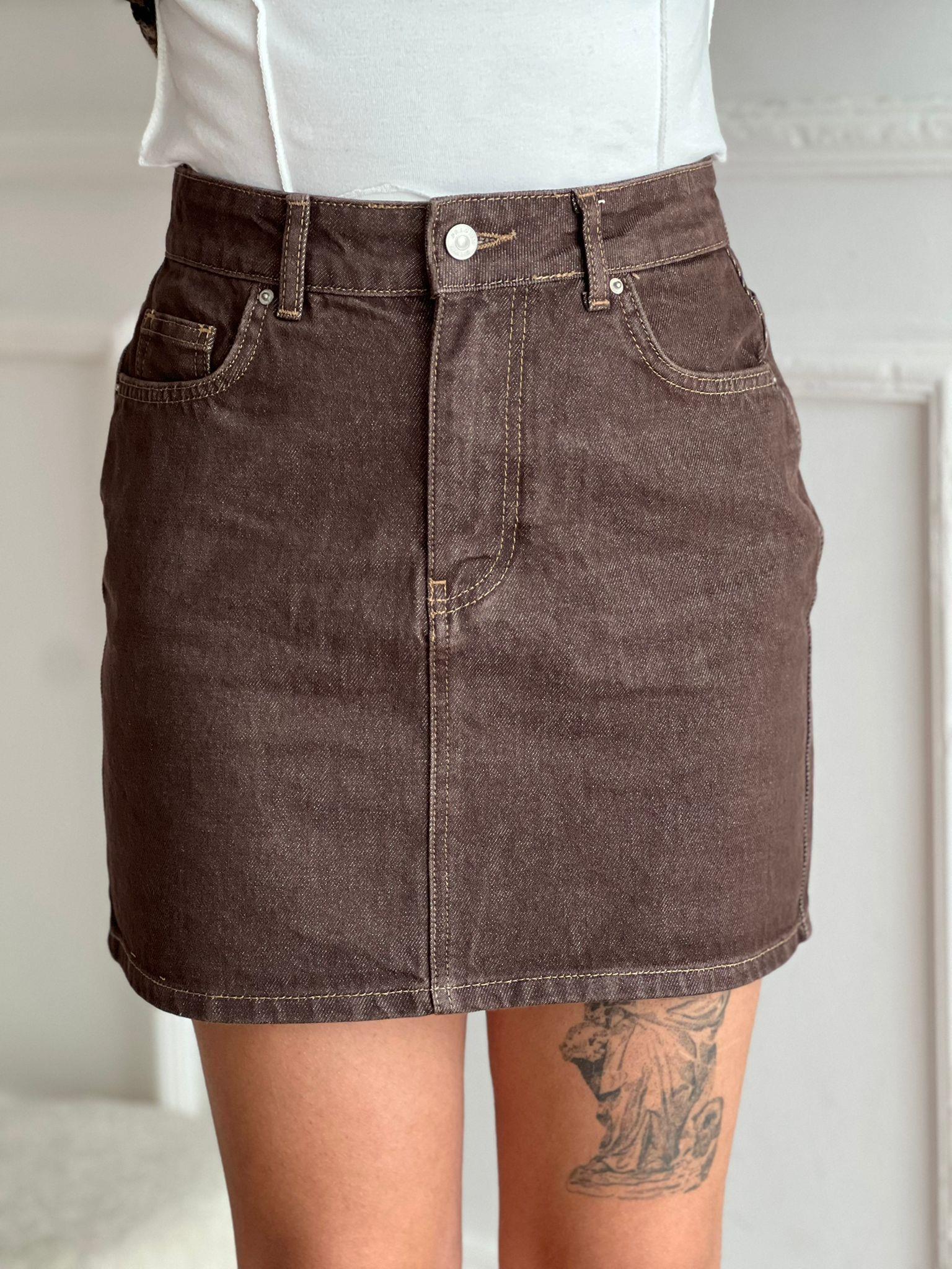 Renkli Denim Mini Etek 80592 Açık Kahve