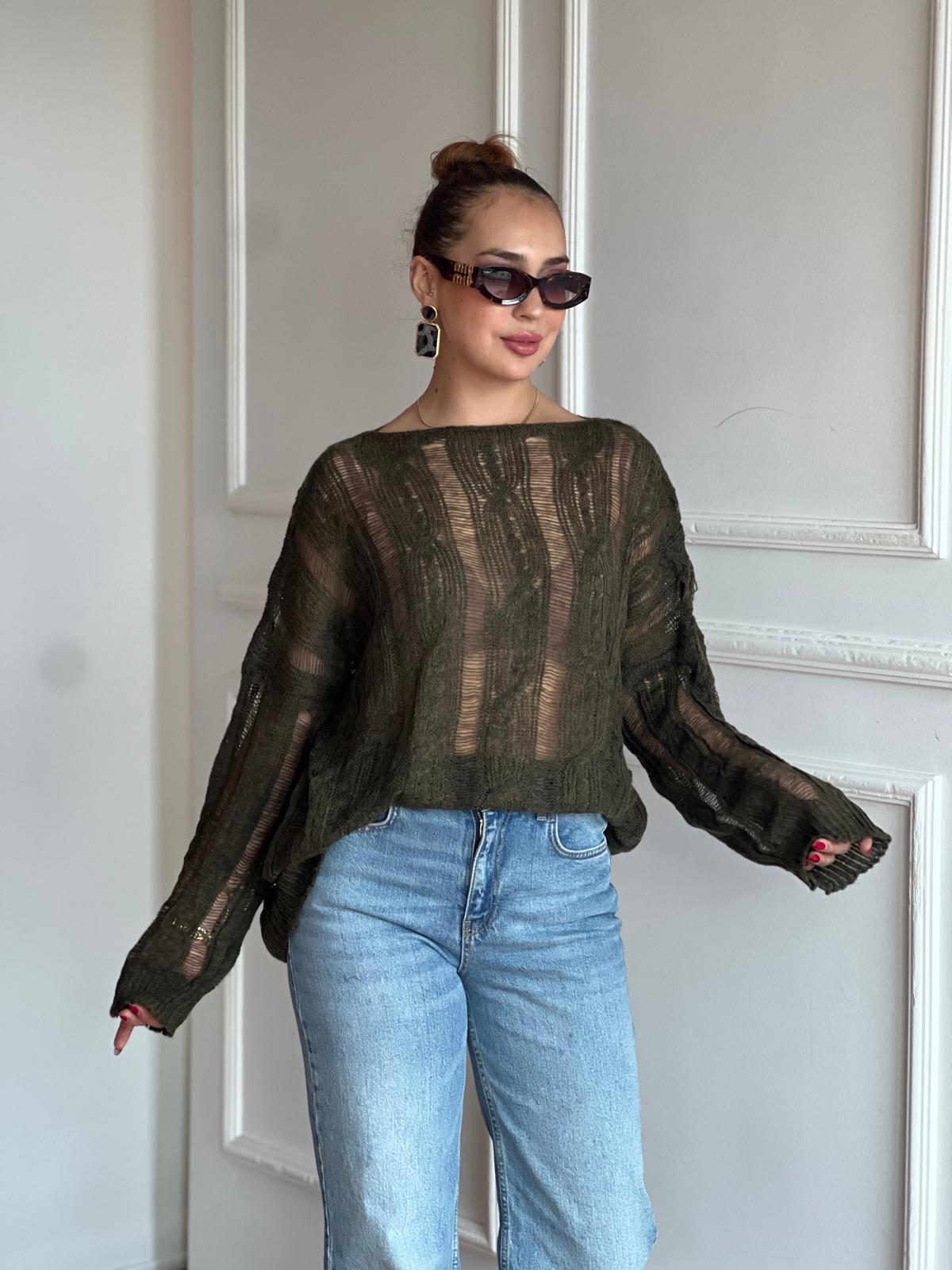 Saç Örgülü Ajurlu Kazak 4134 Haki