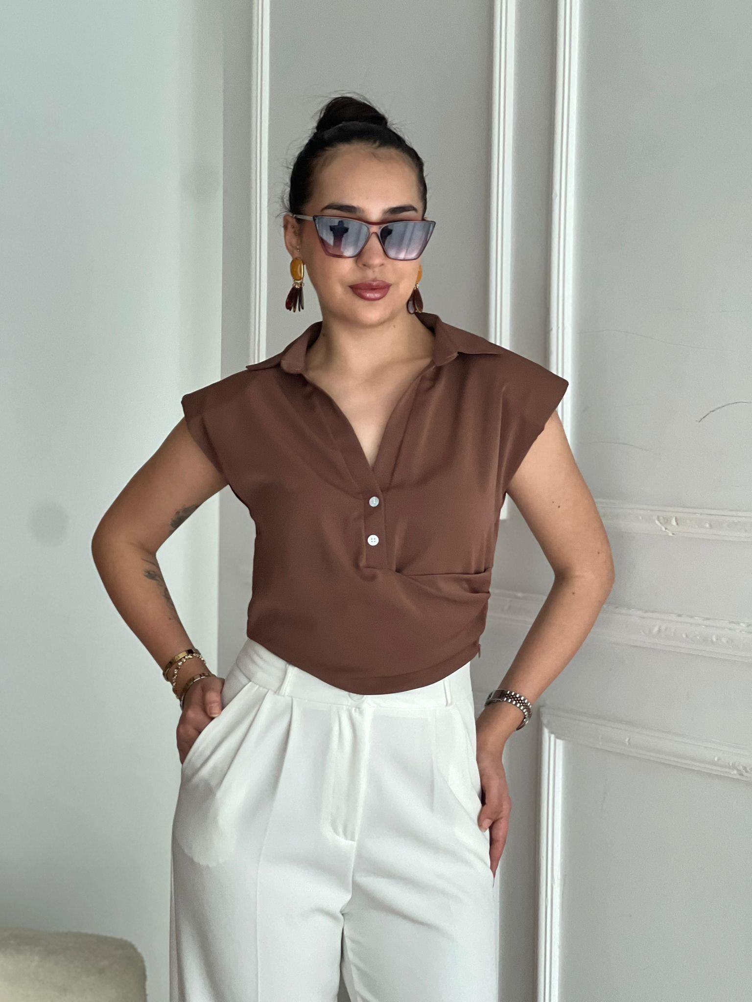 Saten Vatkalı Sıfır Kol Bluz 00244 Kahverengi