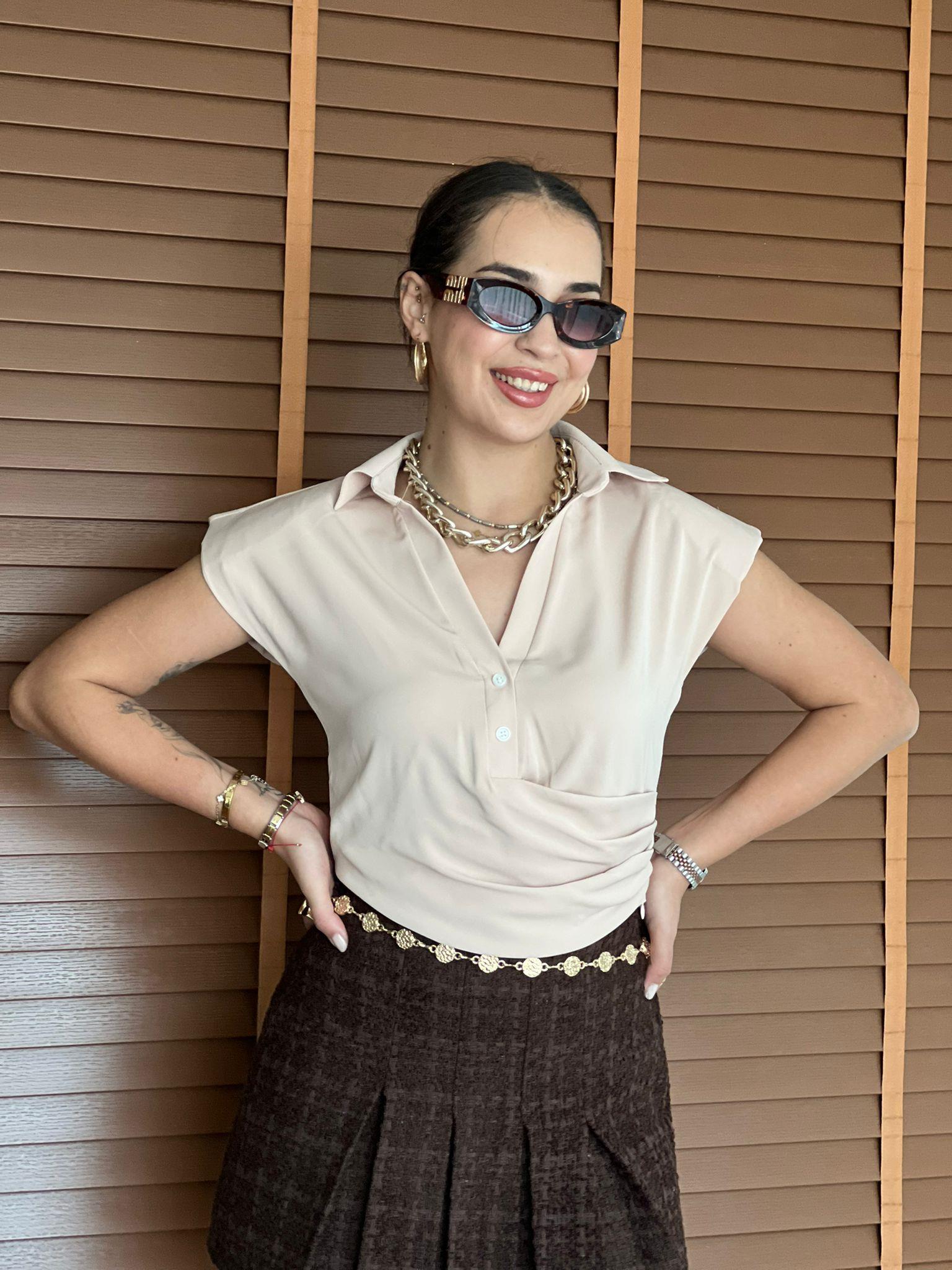 Saten Vatkalı Sıfır Kol Bluz 00244 Nude