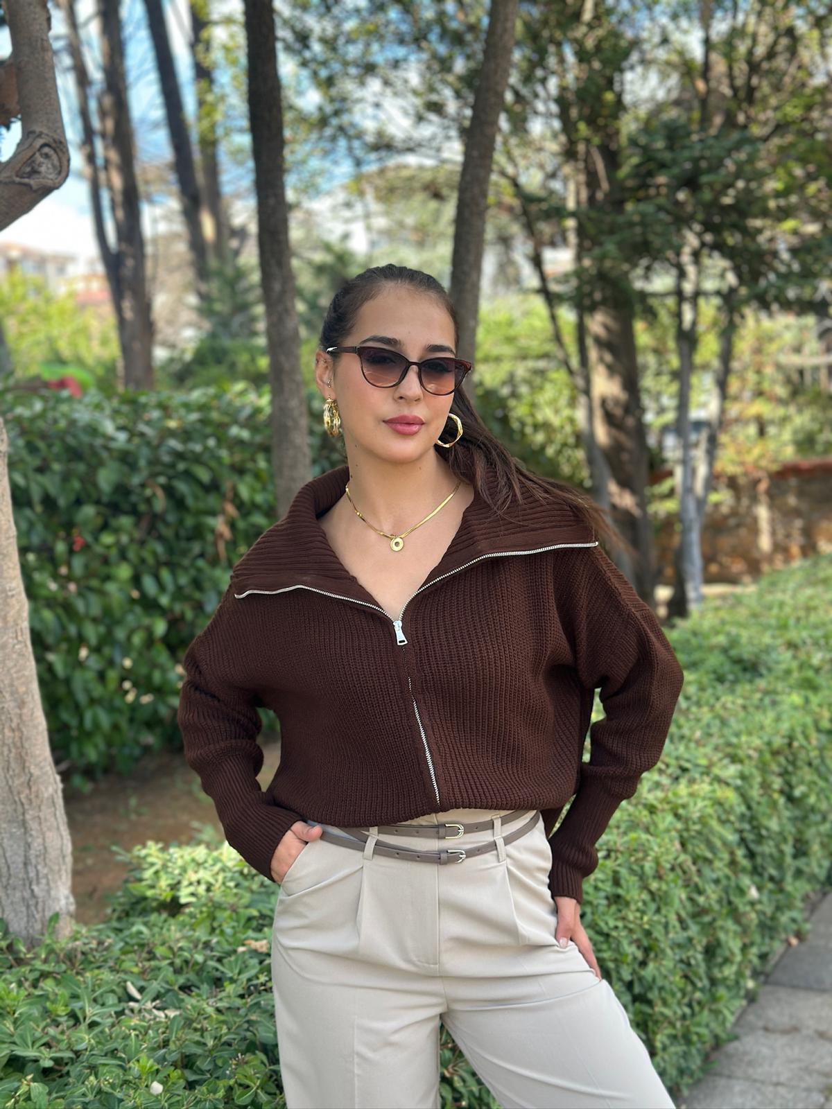 Selanik Fermuarlı Hırka 6624 Kahverengi