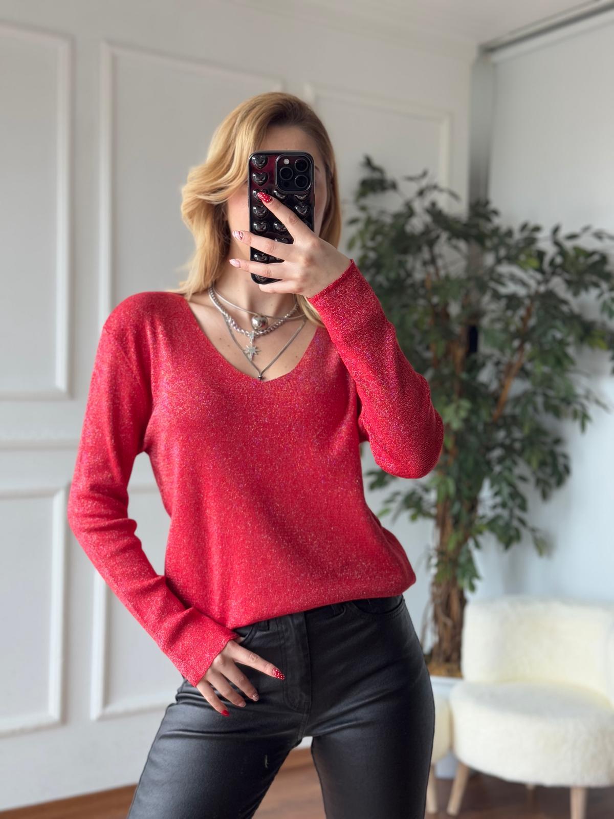 Selanik V Yaka Simli Bluz 1335 Kırmızı