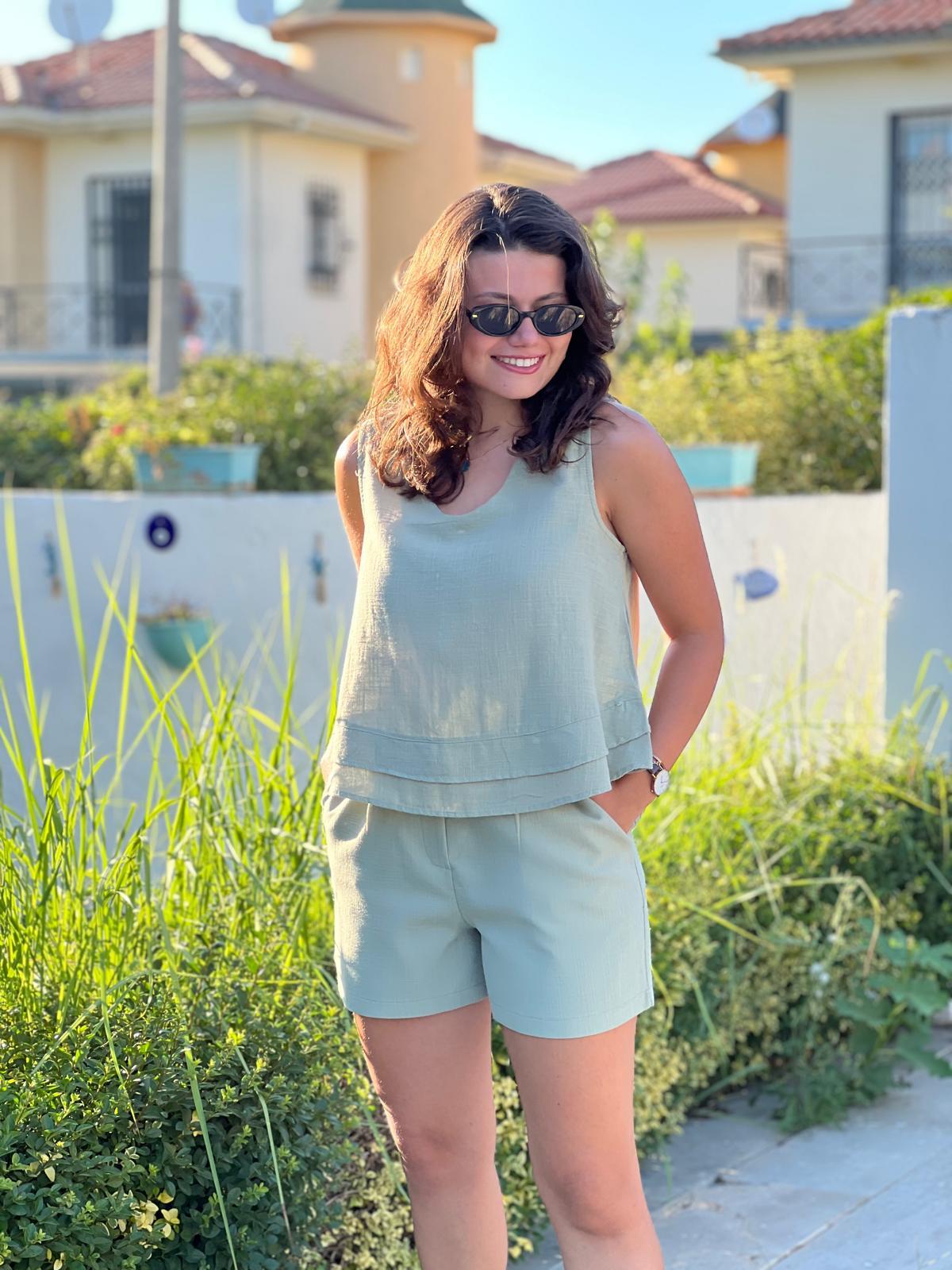 Sıfır Kol Keten Bluz 2446 Haki