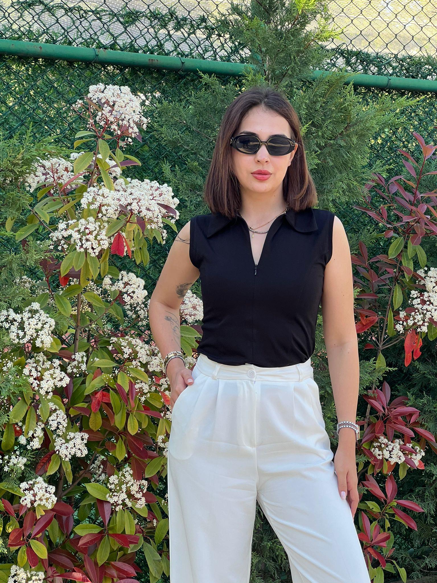 Sıfır Kol Polo Yaka Bluz 30964 Siyah