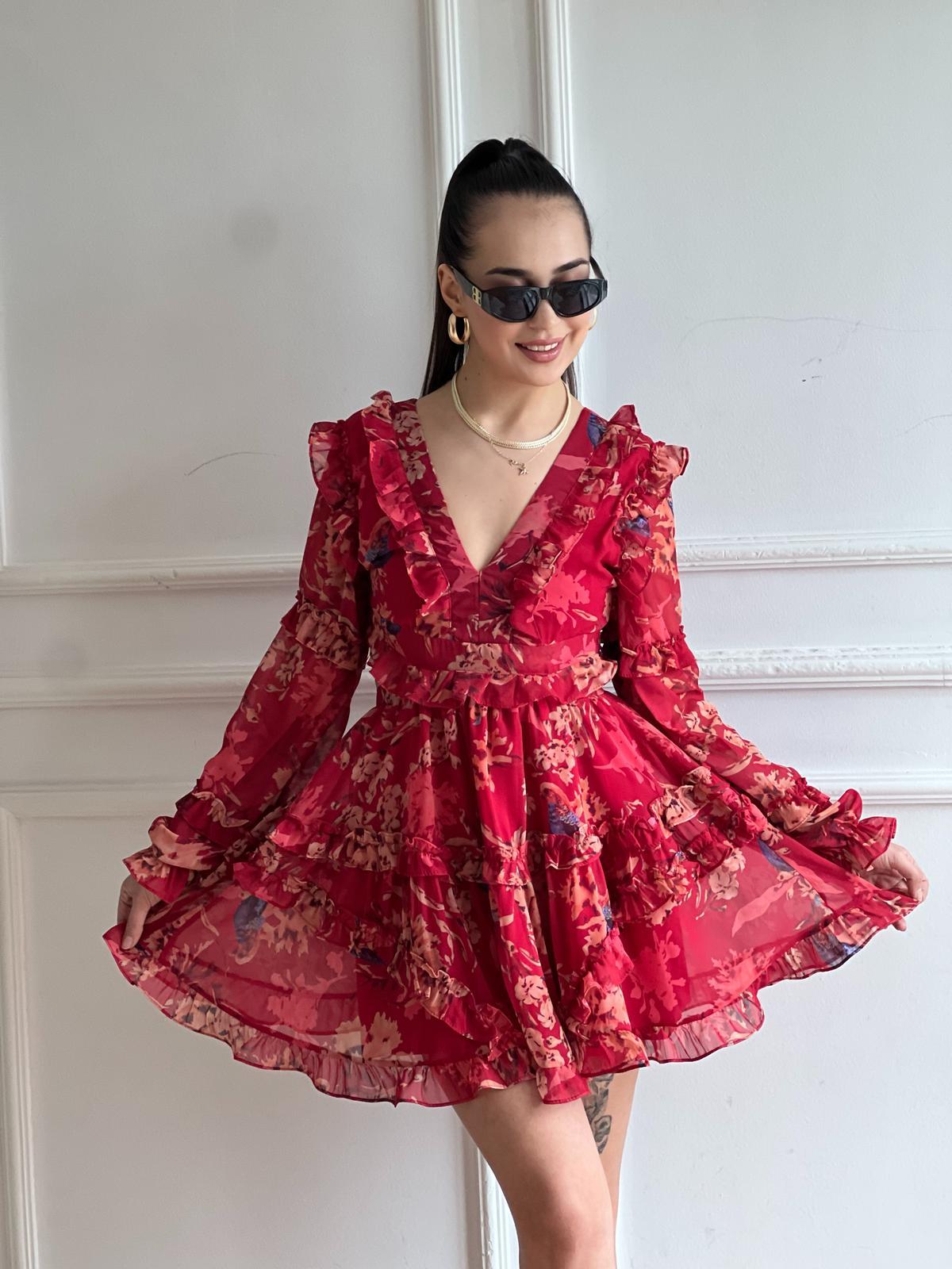 Sırt Çapraz Dekolte Çiçekli Elbise 00411 Kırmızı