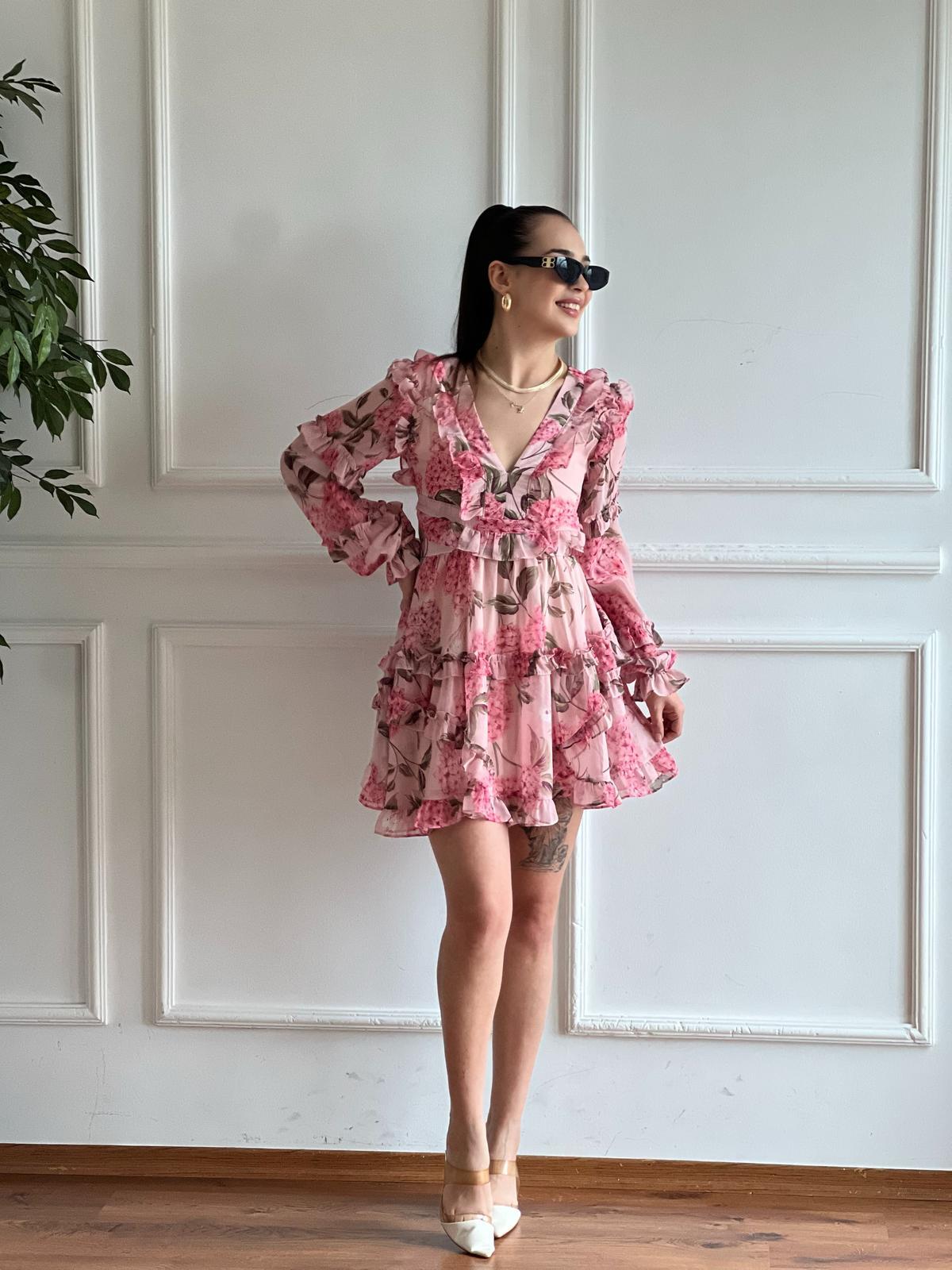 Sırt Çapraz Dekolte Çiçekli Elbise 00411 Pudra