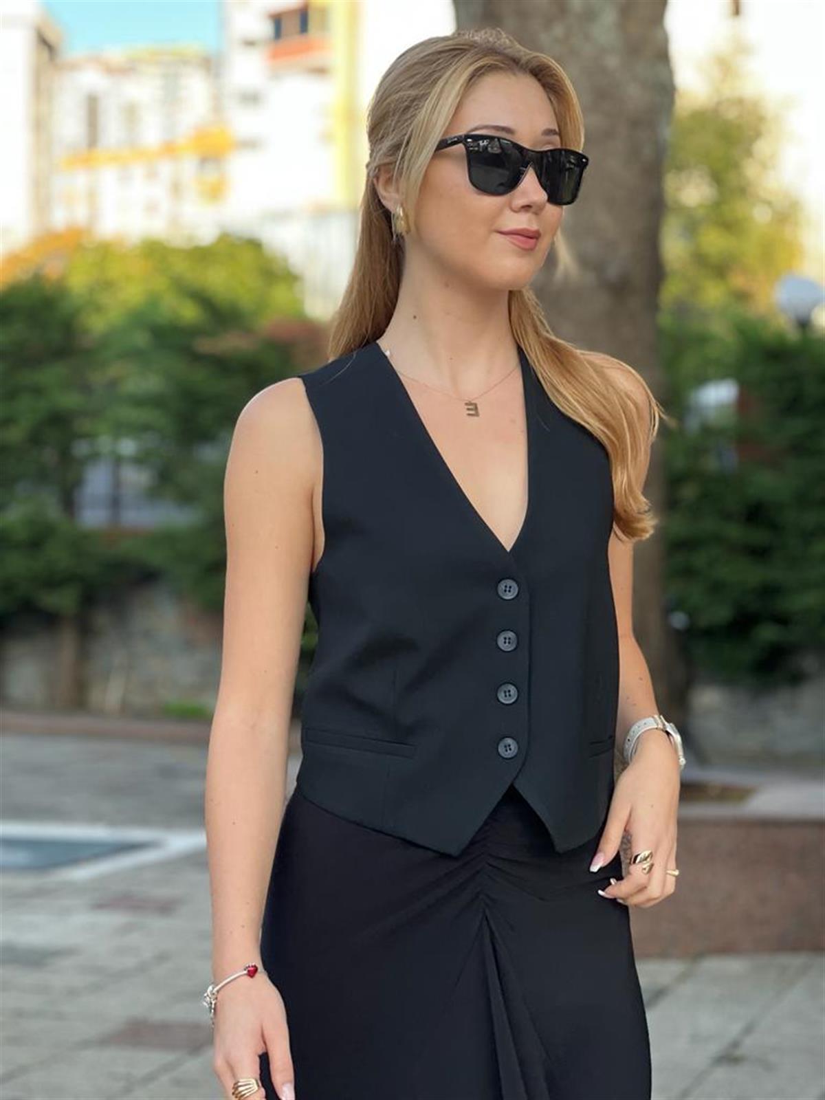 Sırt Detaylı Blazer Yelek 60526 Siyah