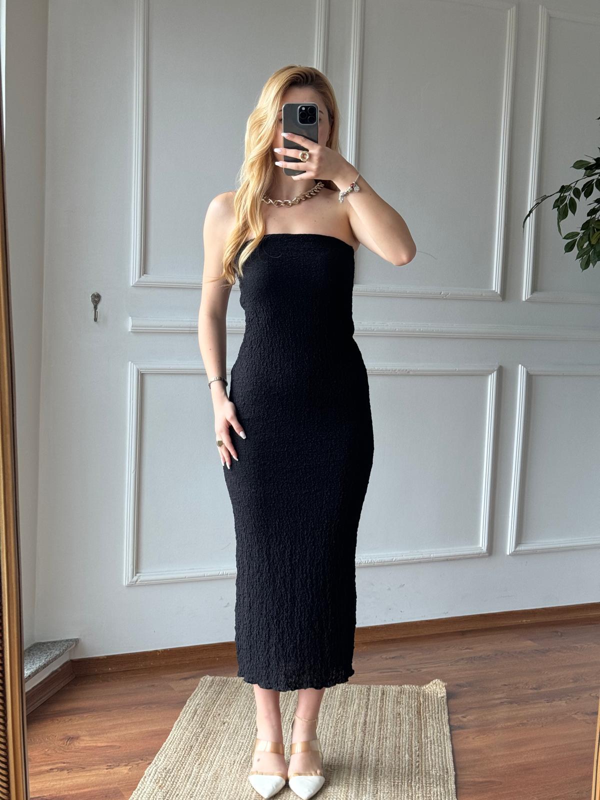 Straplez Midi Boy Elbise 90870 Siyah