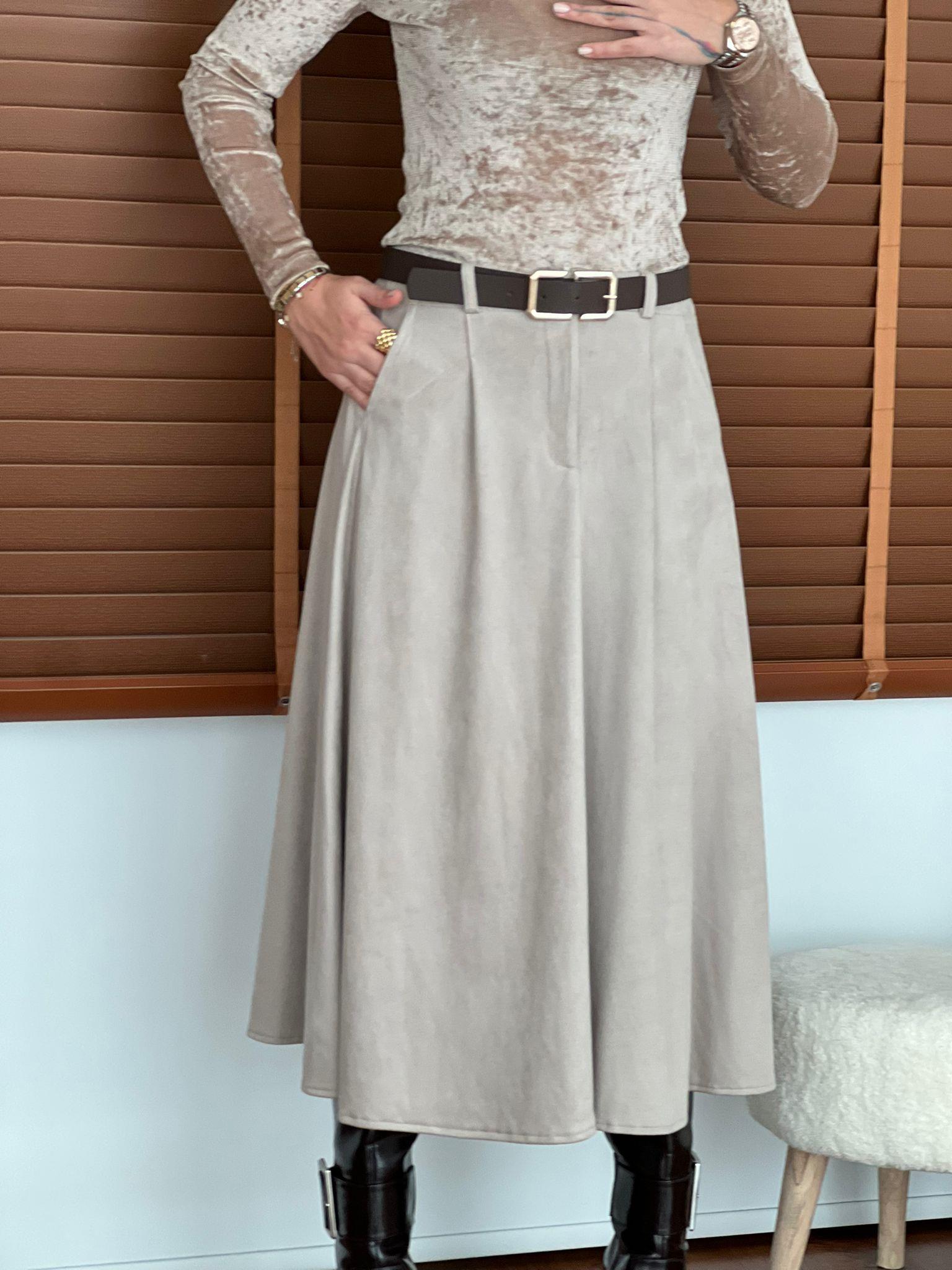 Süet Kemerli Kloş Etek 30483 Taş