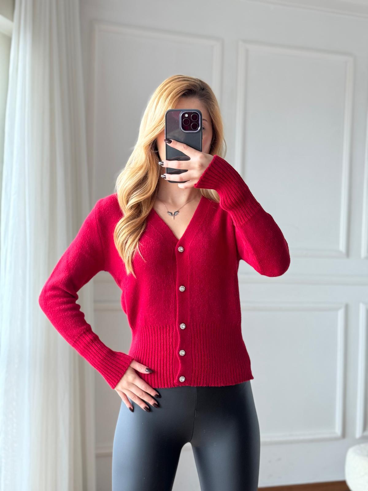 Taş Düğmeli Yumoş Hırka 70043 Kırmızı