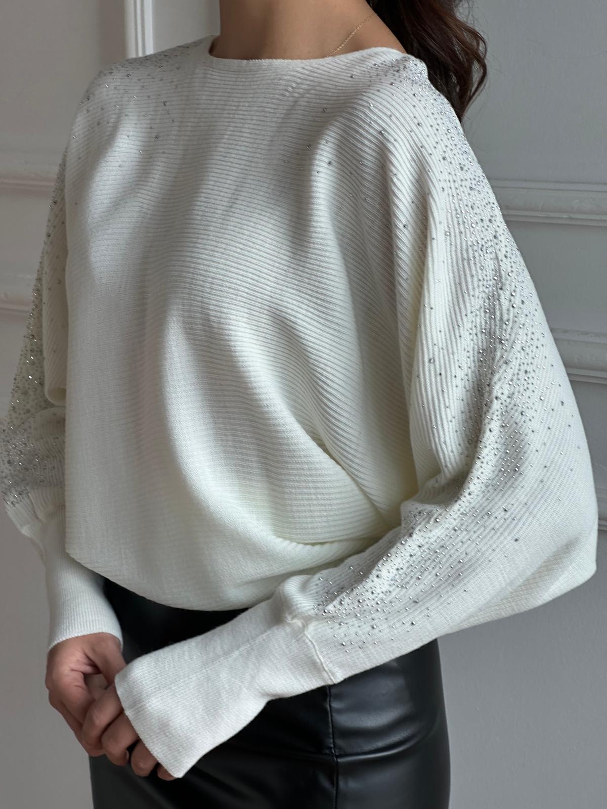 Taş İşlemeli Yarasa Kol Kazak 10265 Ekru