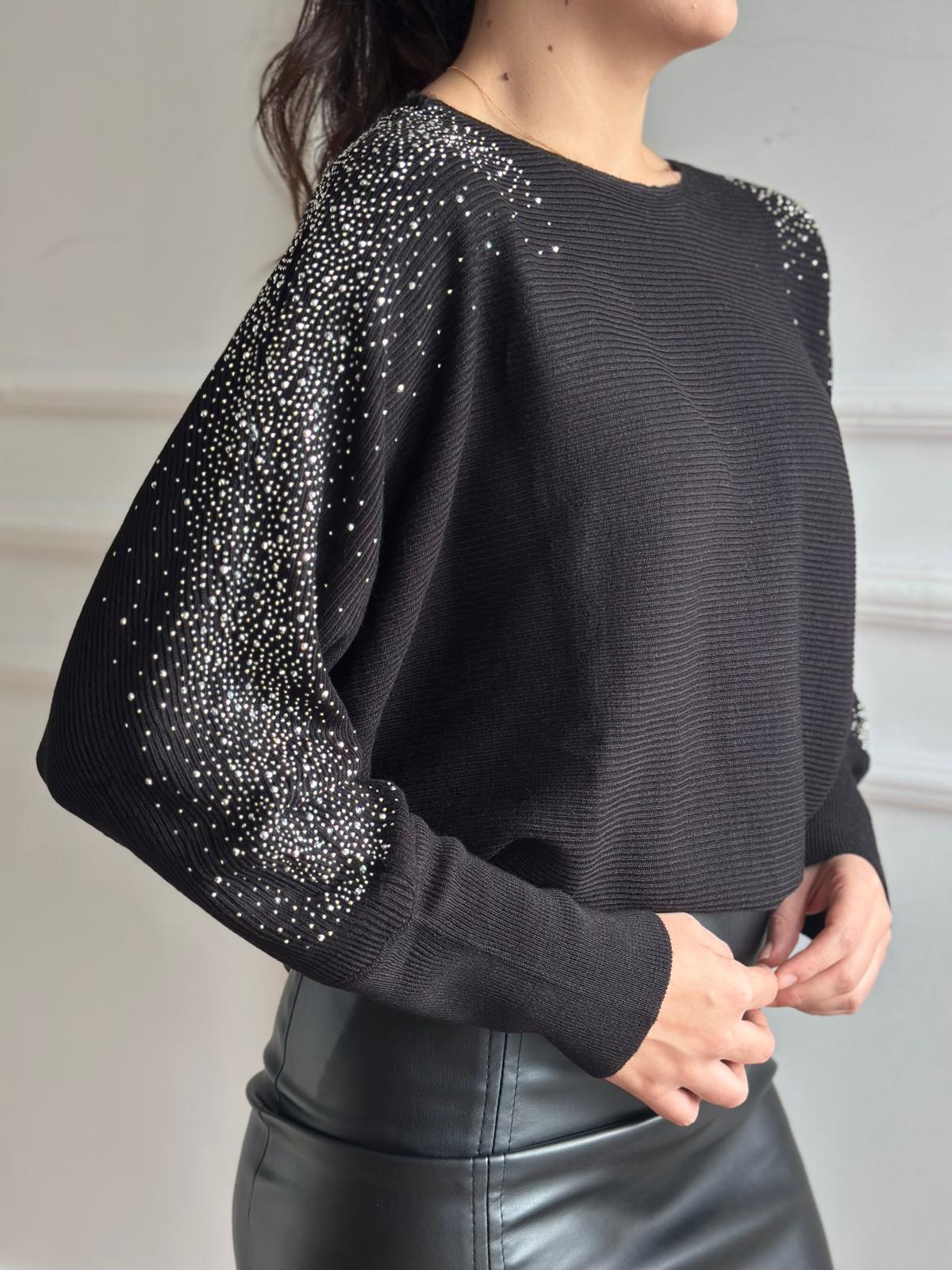 Taş İşlemeli Yarasa Kol Kazak 10265 Siyah