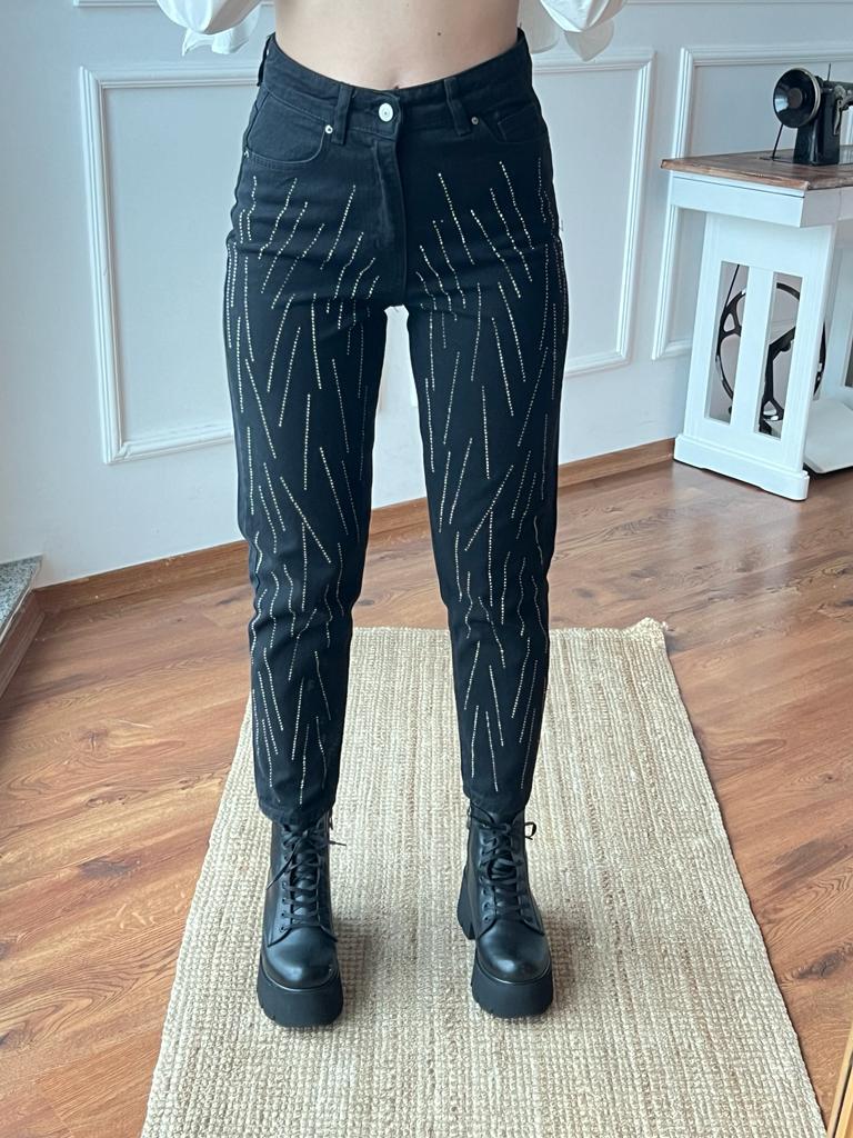 Taşlı Mom Jean 1084 Siyah