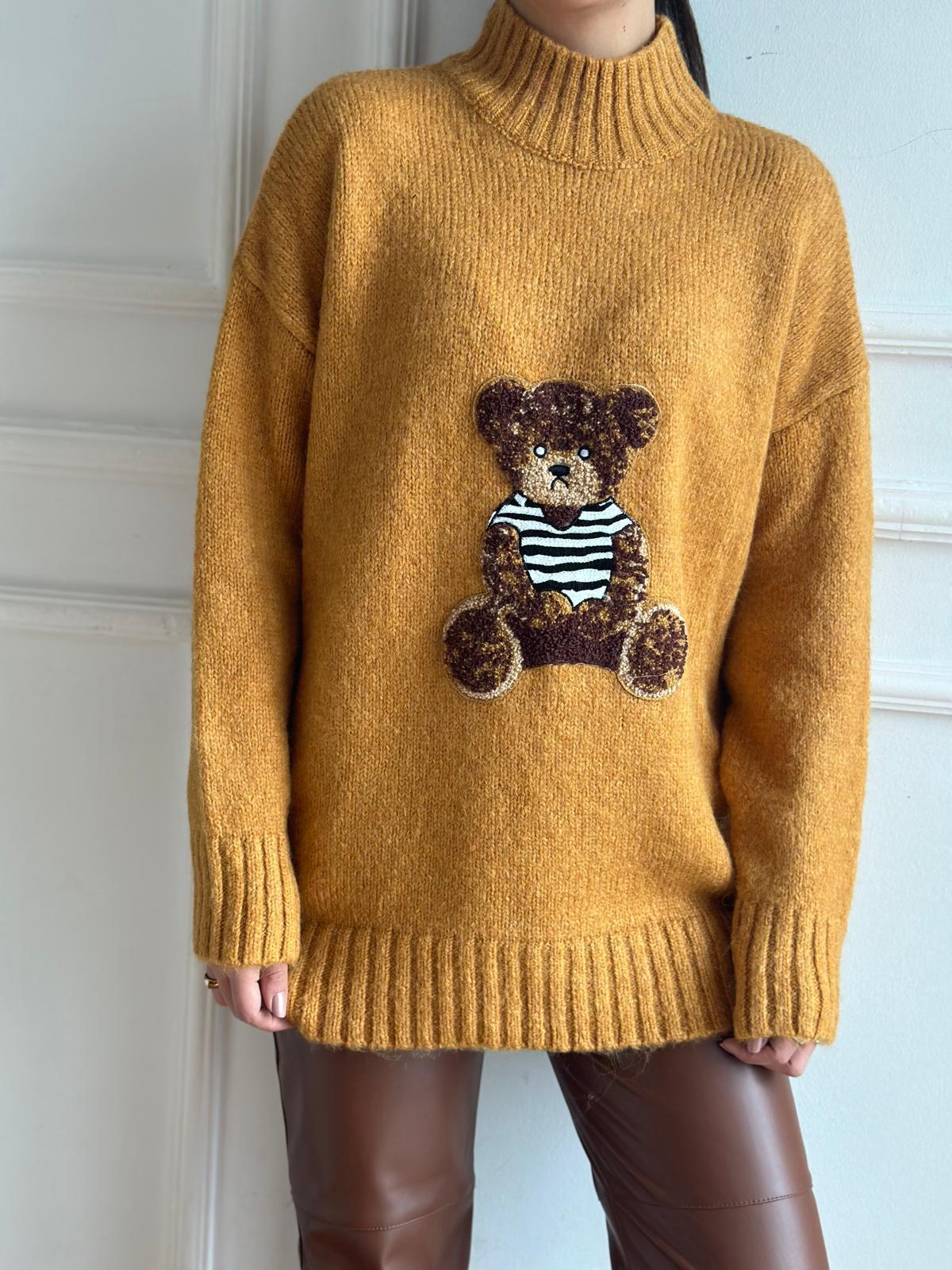 Teddy İşlemeli Kazak 24746 Hardal