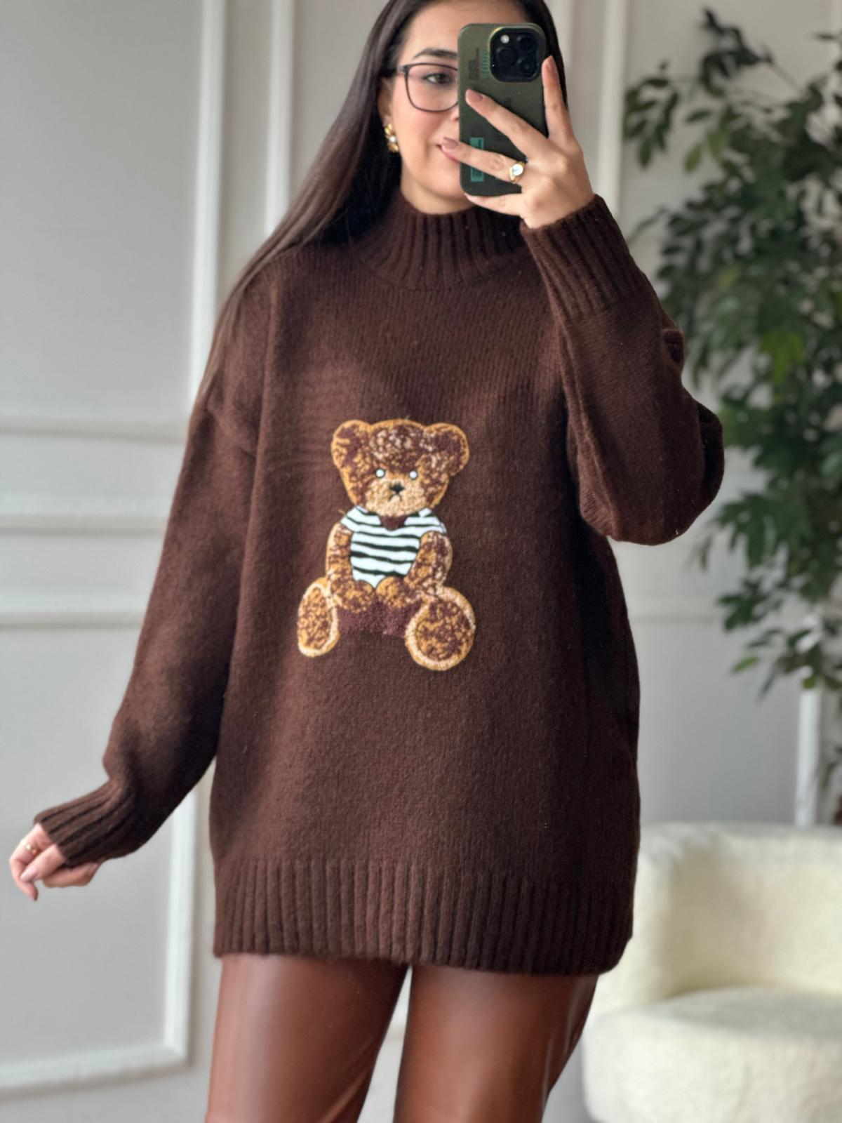 Teddy İşlemeli Kazak 24746 Koyu Kahve