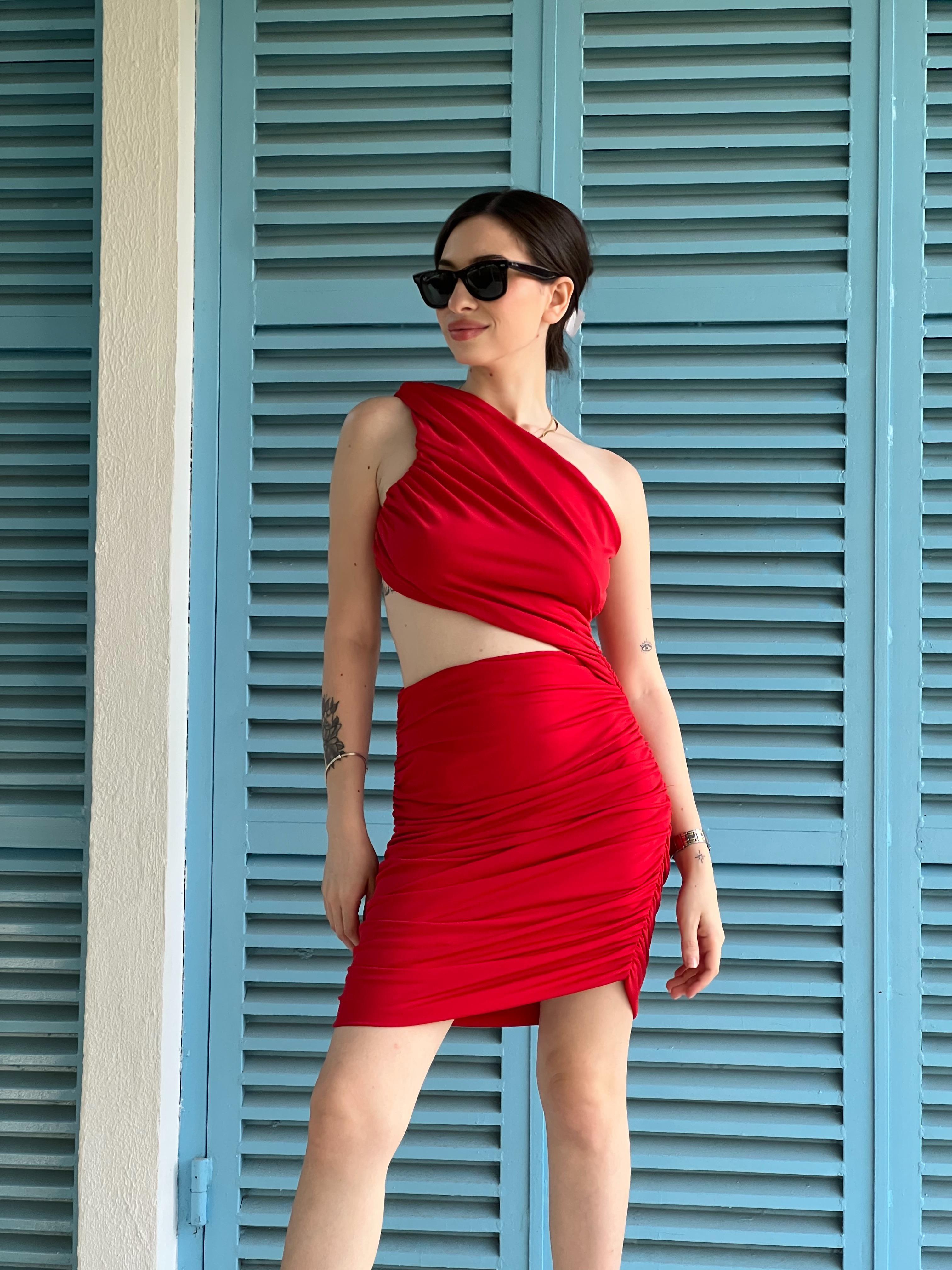 Tek Omuz Drapeli Elbise 00628 Kırmızı