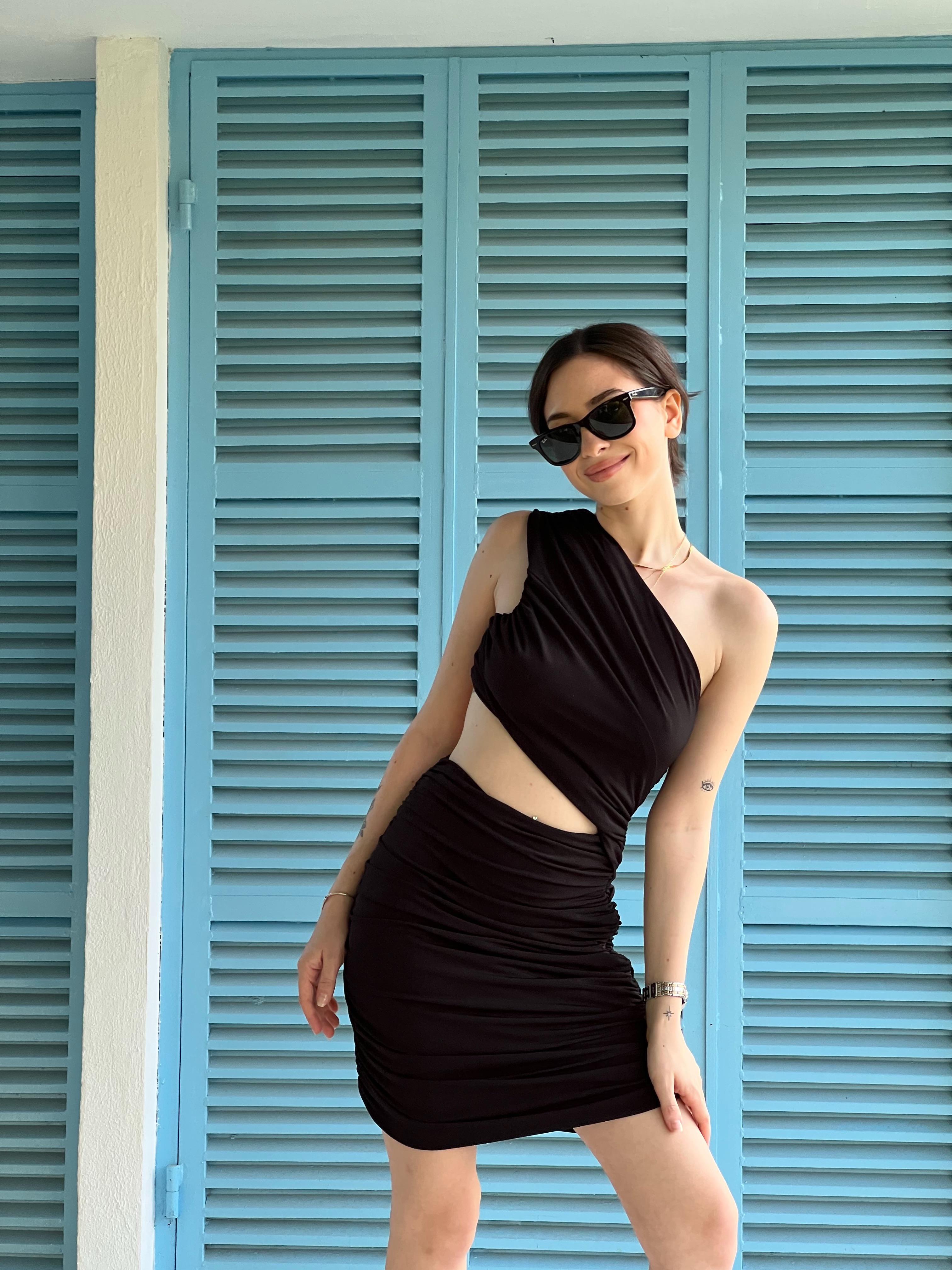 Tek Omuz Drapeli Elbise 00628 Siyah